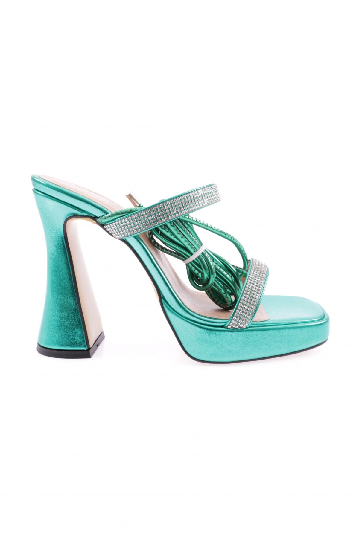 3582-23Y Kadin Kristal Taşli Bantli Bilekten Bağlamali Kalin Topuklu Sandalet - Görsel 2