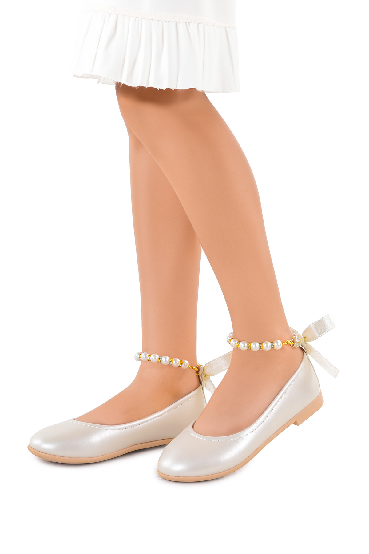 Cilt İncili Lastikli Kız Bebek Babet Ayakkabı Arç 01 Bej - Görsel 4