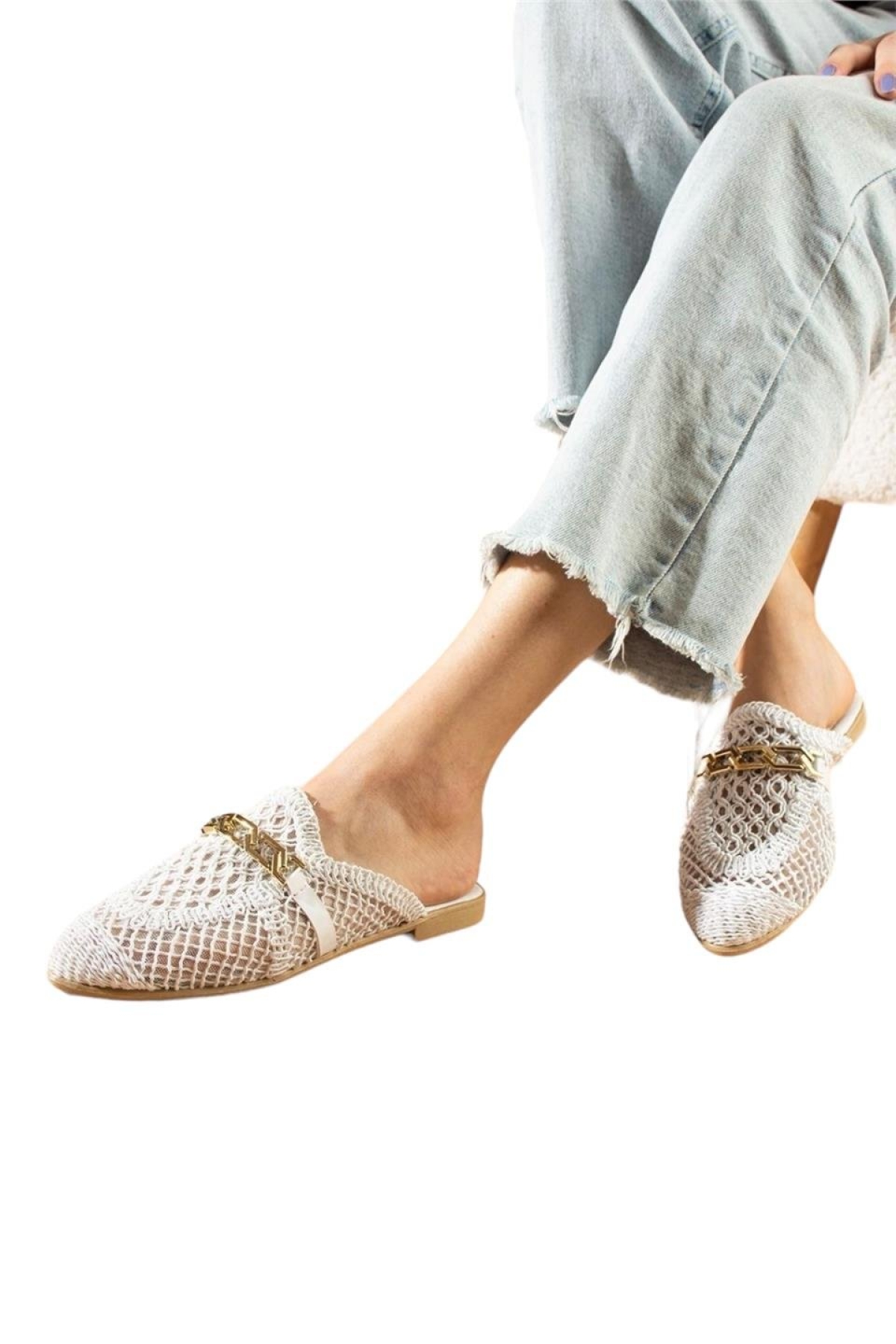 Kadın Zincir Detaylı Desenli Terlik BEYAZ - Görsel 2