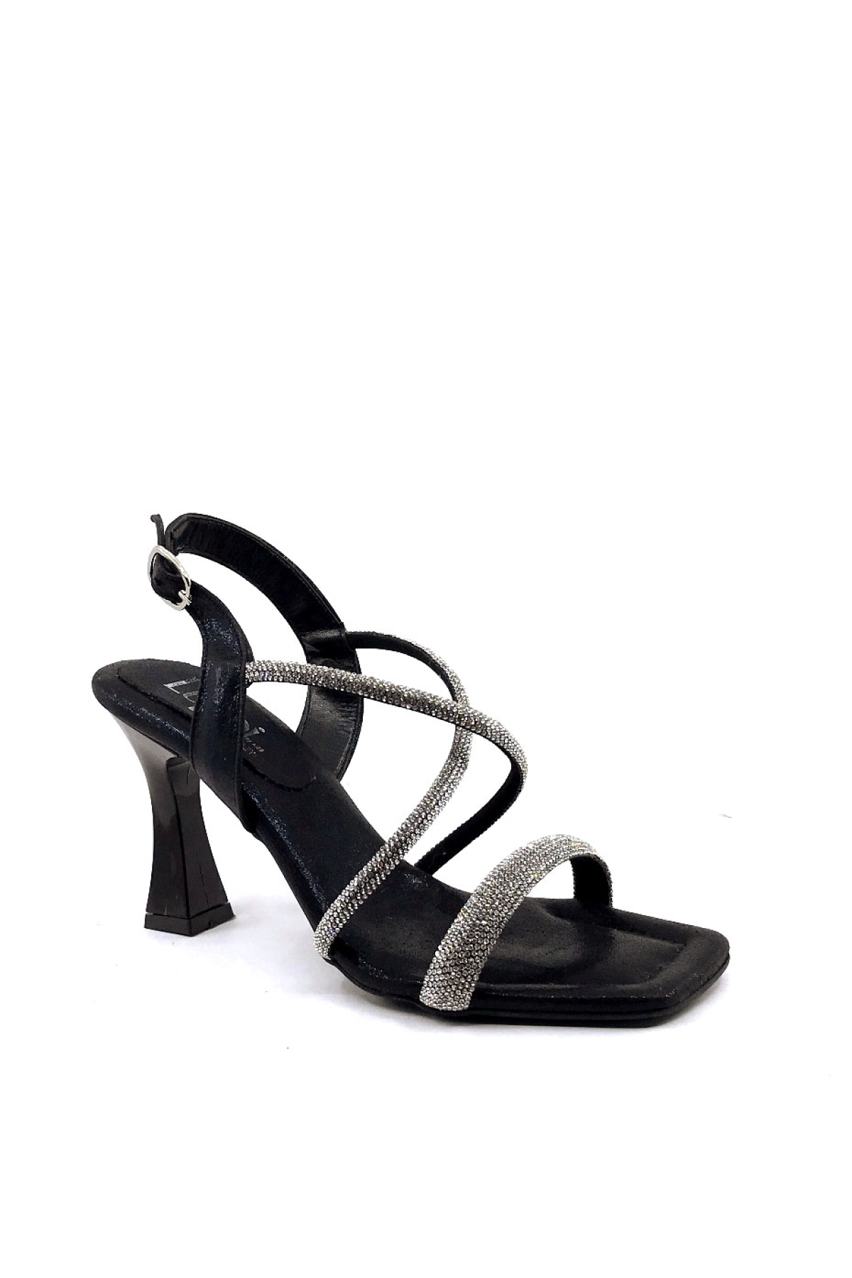 371 Lp 9 Cm Siyah Saten Taşlı Kadın Topuklu Ayakkabı - Görsel 3
