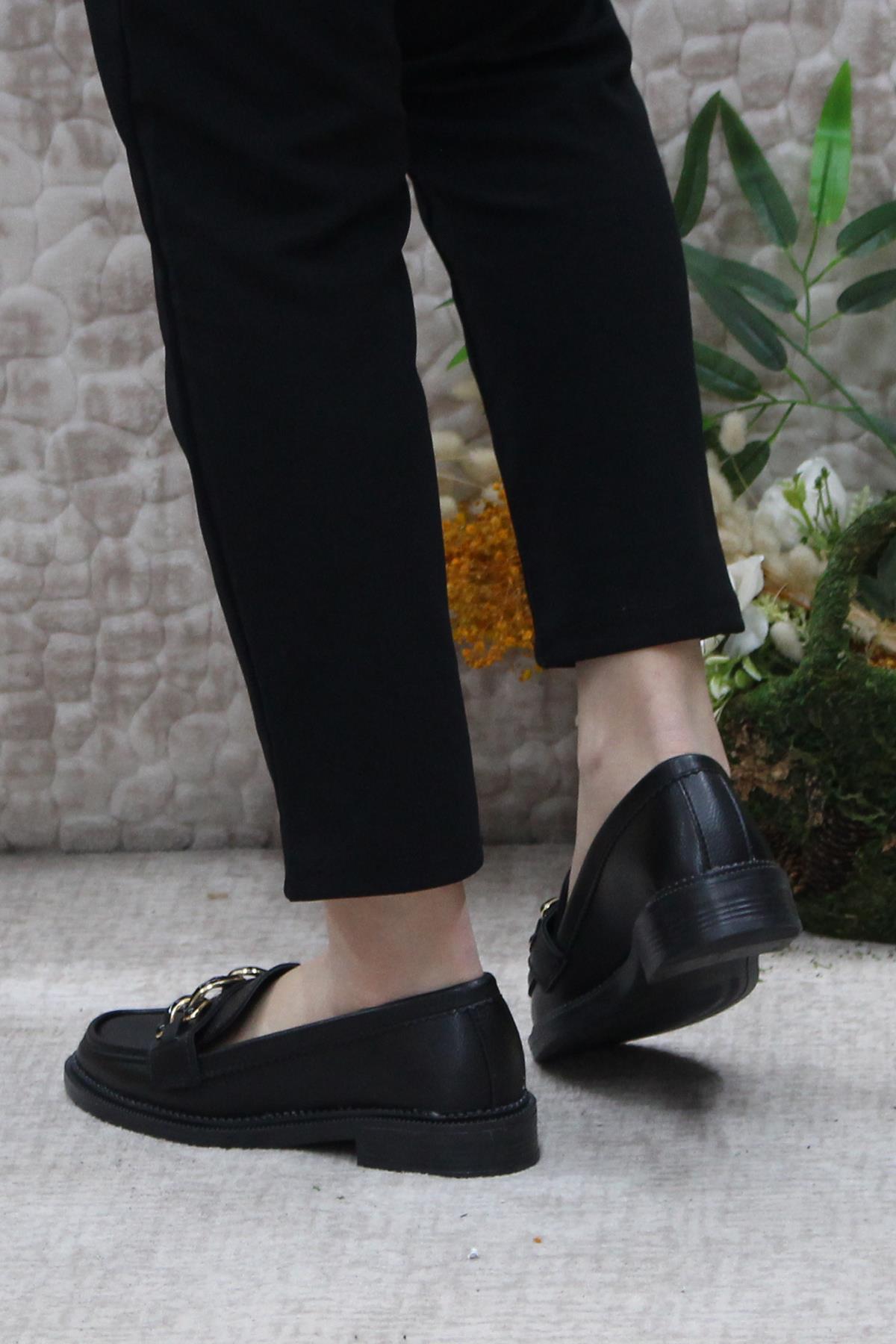 034-228 Siyah Cilt Toka Detaylı Rahat Loafer Kadın Ayakkabı - Görsel 5