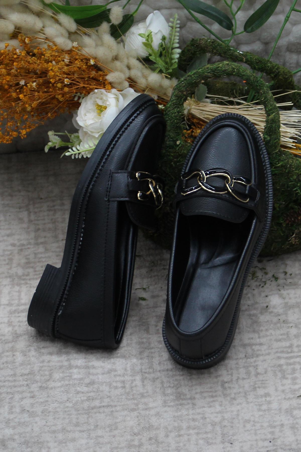 034-228 Siyah Cilt Toka Detaylı Rahat Loafer Kadın Ayakkabı - Görsel 7