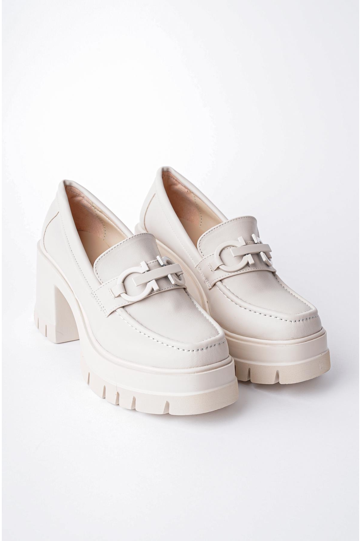 VALENCİA Garantili Kadın Kalın Topuklu Yuvarlak Burunlu Metal Tokalı Loafer Günlük Ayakkabı - Görsel 9