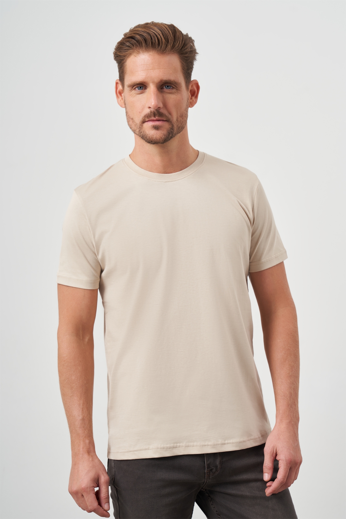 Erkek Bej Basic Bisiklet Yaka Dynamic Fit T-Shirt