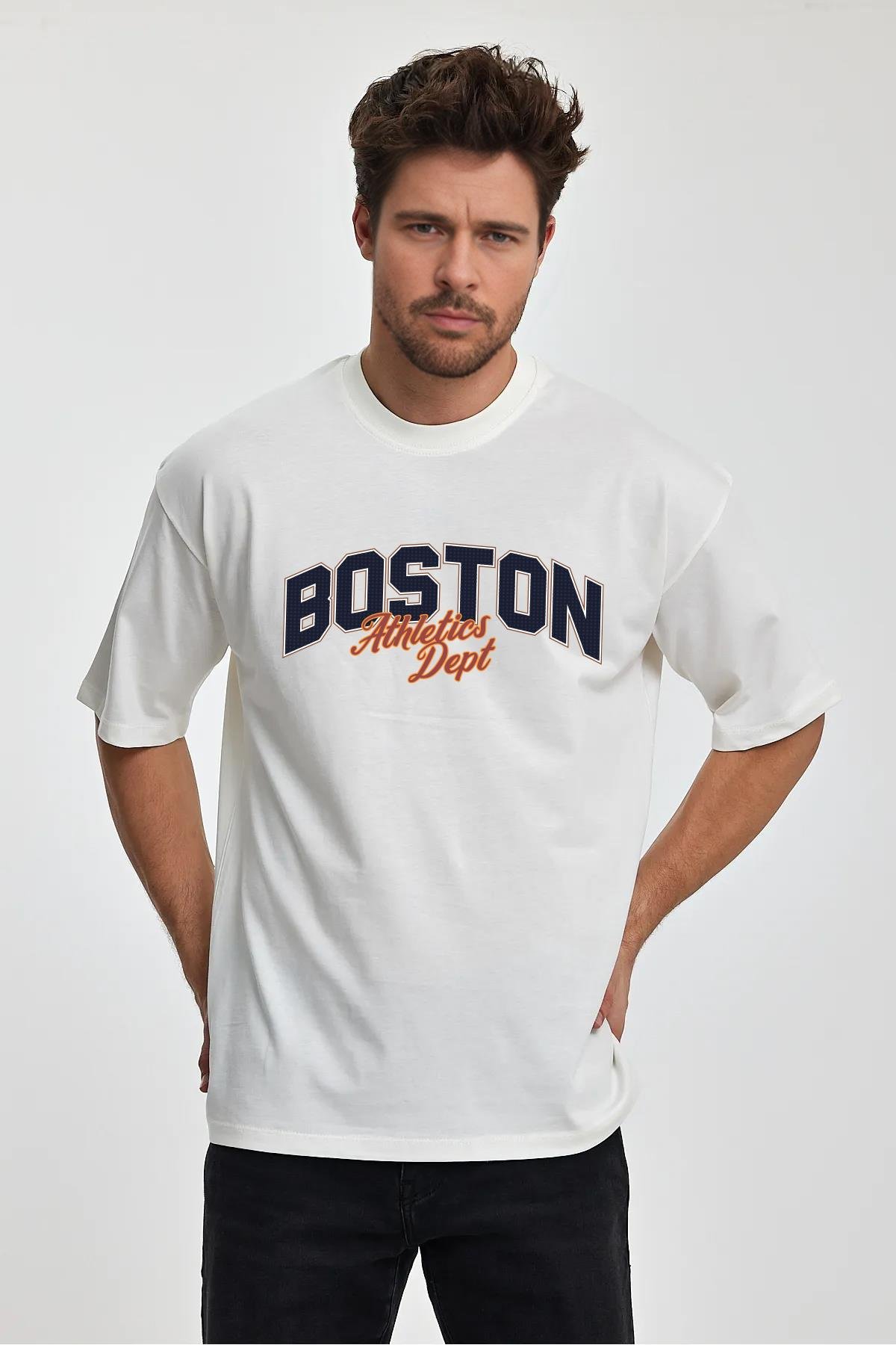 Erkek Oversize %100 Pamuk Boston Baskılı T-shirt Ekru Edw044