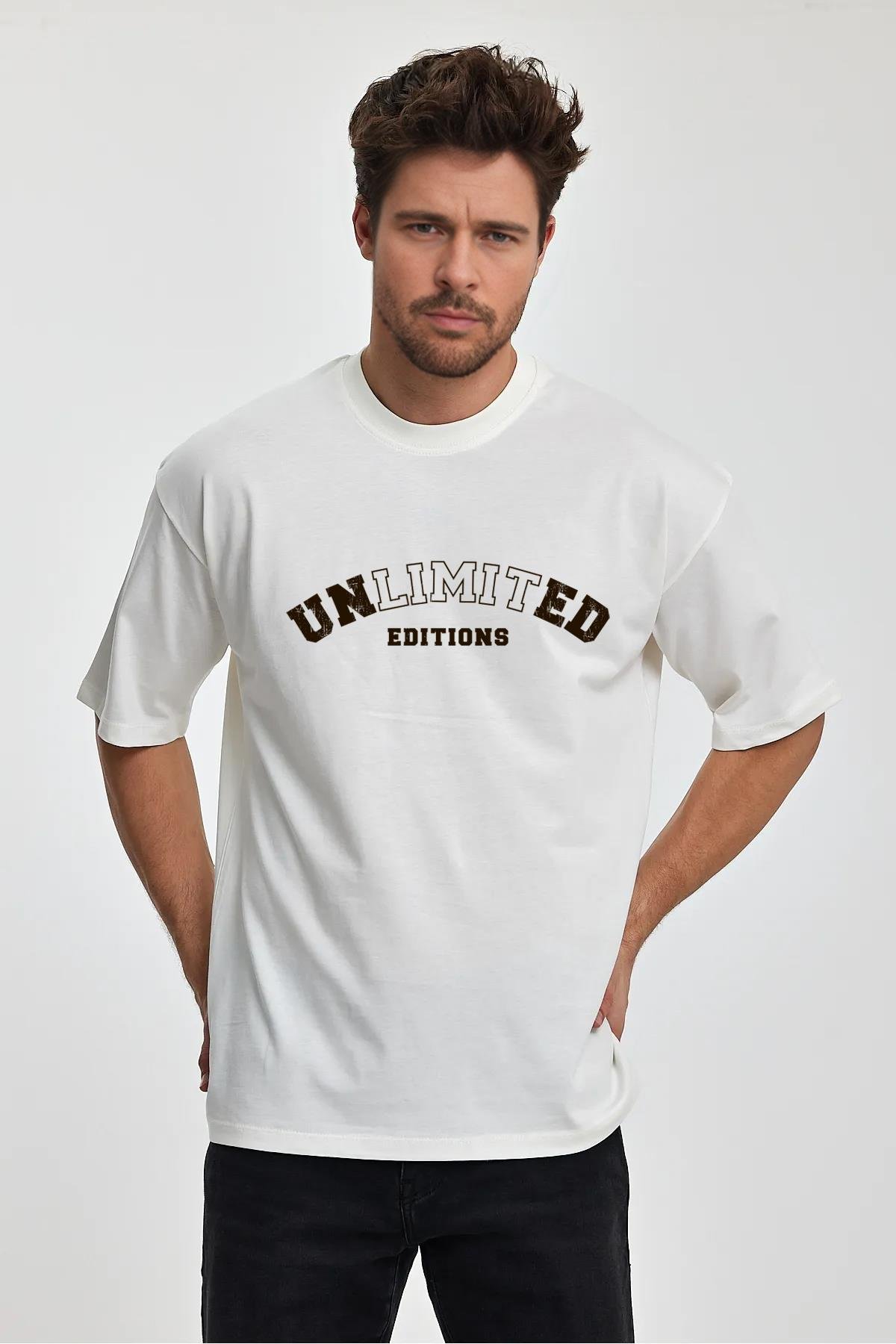 Erkek Oversize %100 Pamuk Unlimited Baskılı T-shirt Ekru Edw043