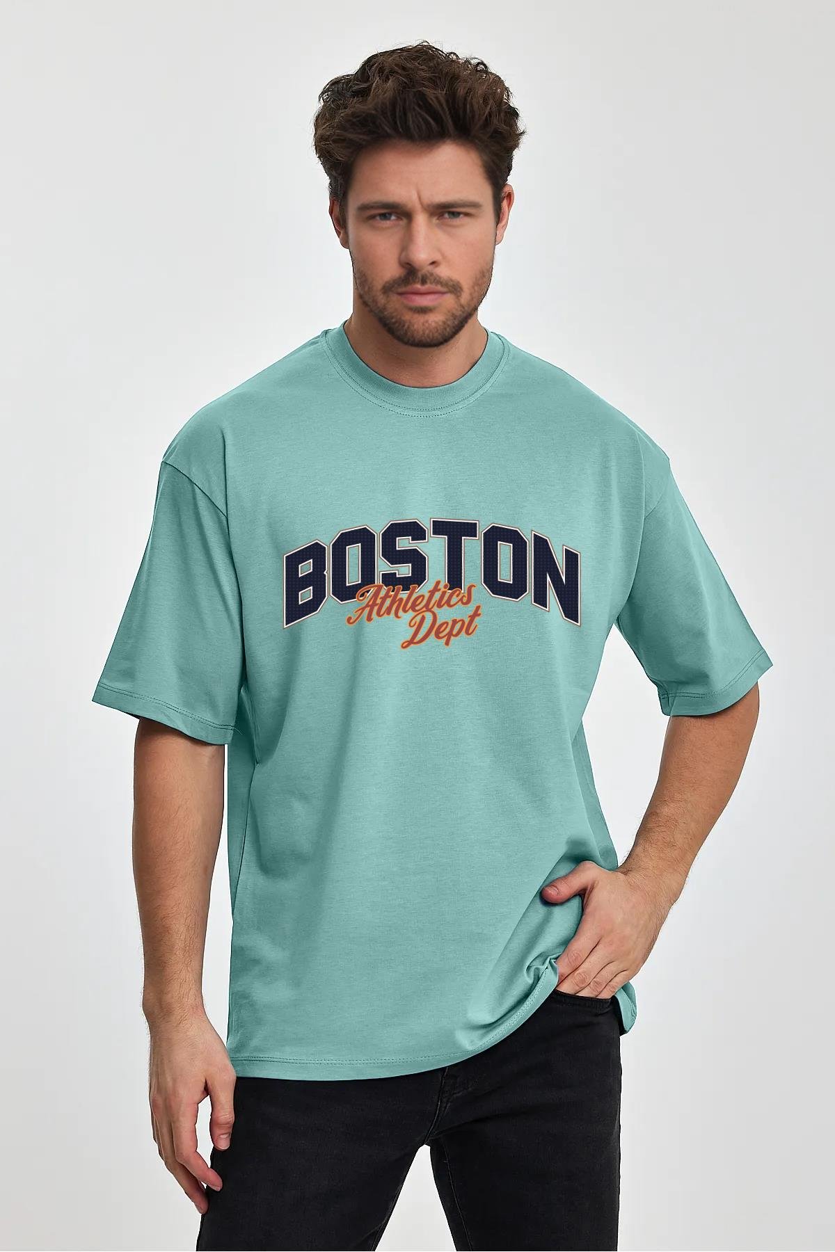 Erkek Oversize %100 Pamuk Boston Baskılı T-shirt Yeşil Edw044