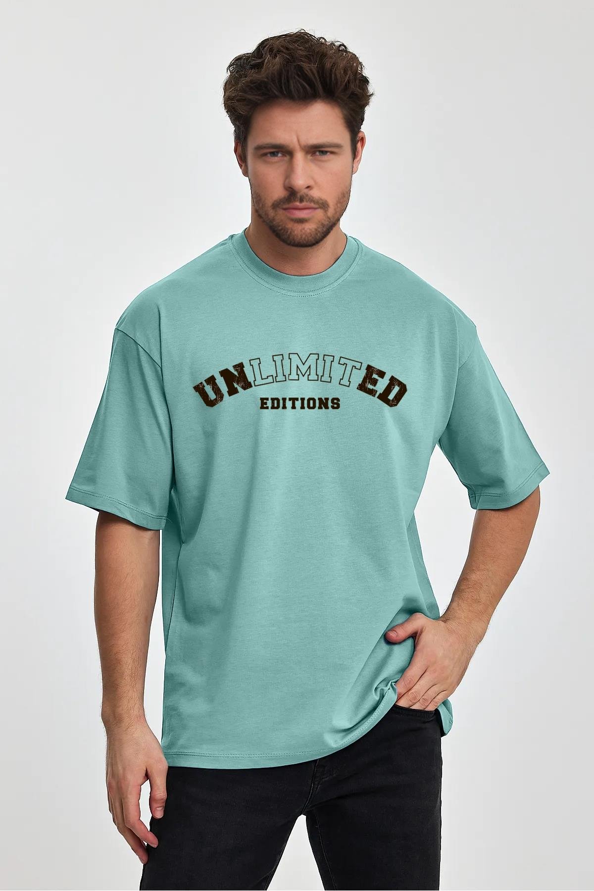 Erkek Oversize %100 Pamuk Unlimited Baskılı T-shirt Yeşil Edw043