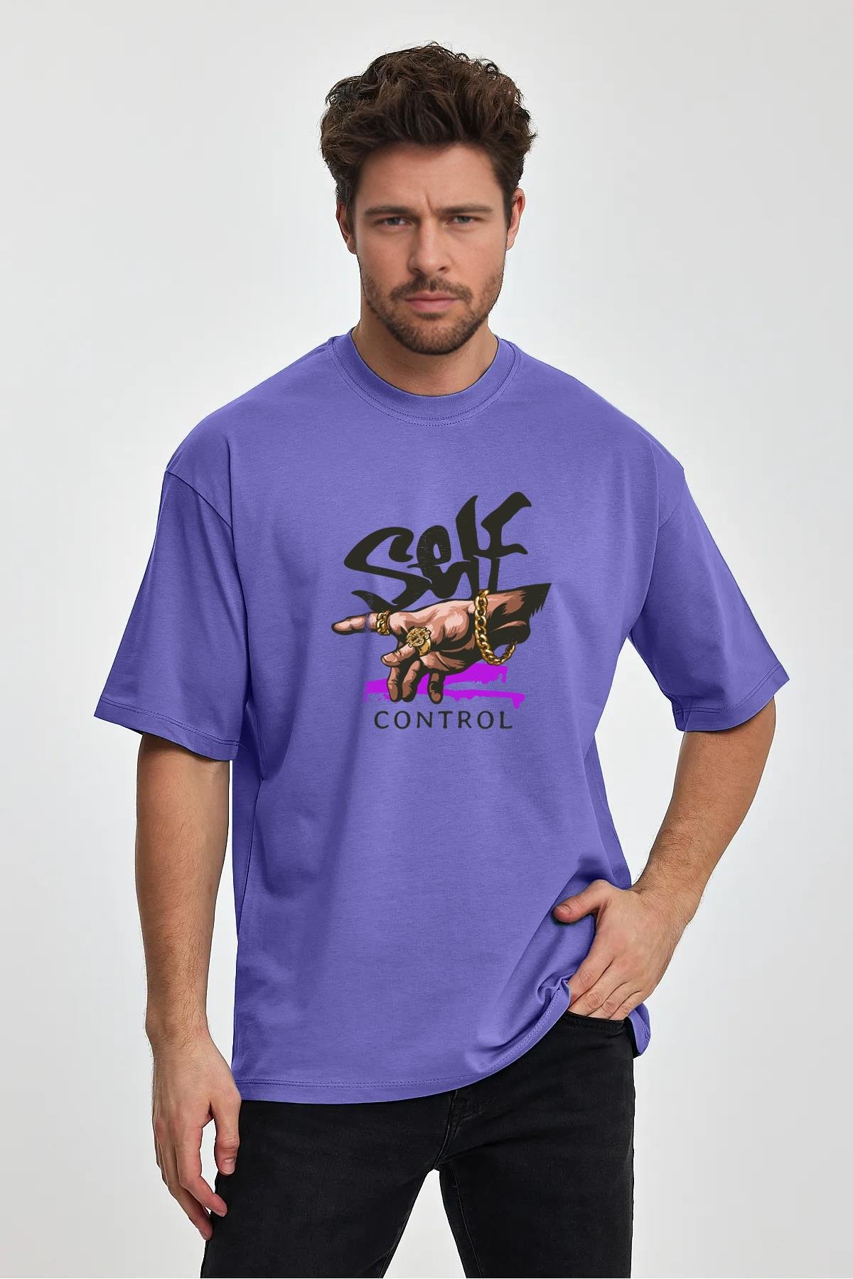 Erkek Oversize %100 Pamuk Self Control Baskılı T-shirt Mor Edw042