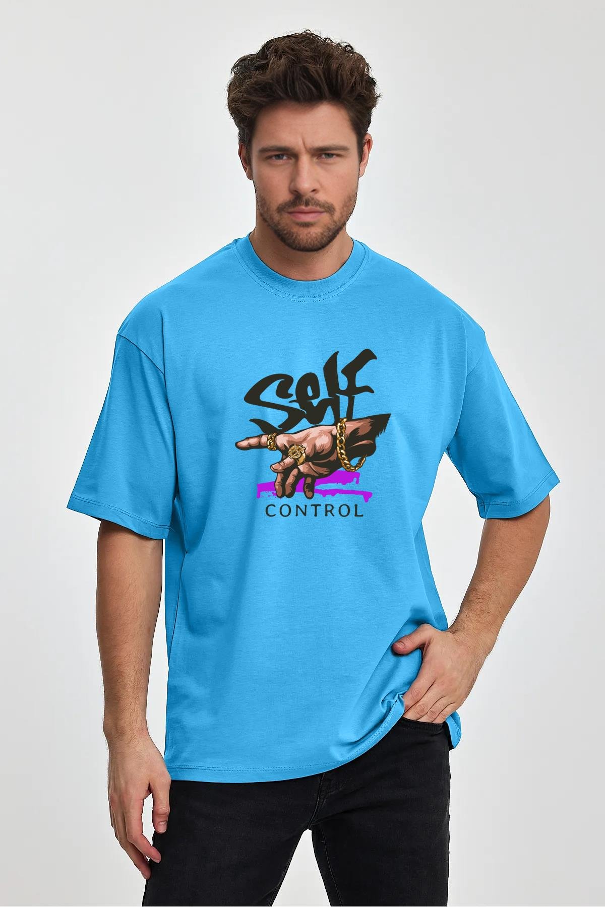 Erkek Oversize %100 Pamuk Self Control Baskılı T-shirt Mavi Edw042