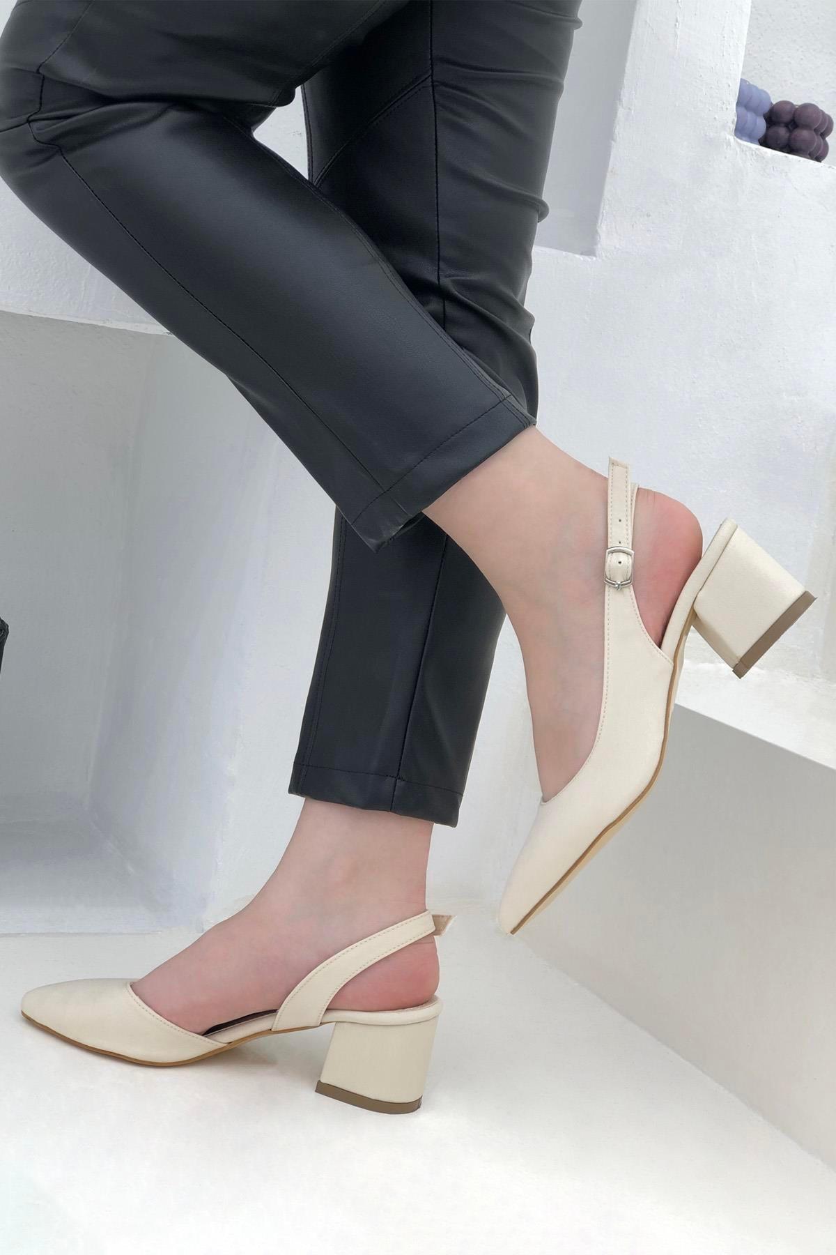 24-590 Krem-Cilt Ayışığı 6Cm Topuklu Kadın Ayakkabı - Görsel 4