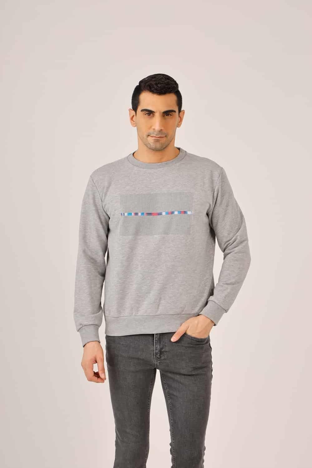 Gri Melanj Erkek Regular Fit Baskılı Pamuklu Bisiklet Yaka Sweatshirt - 90935