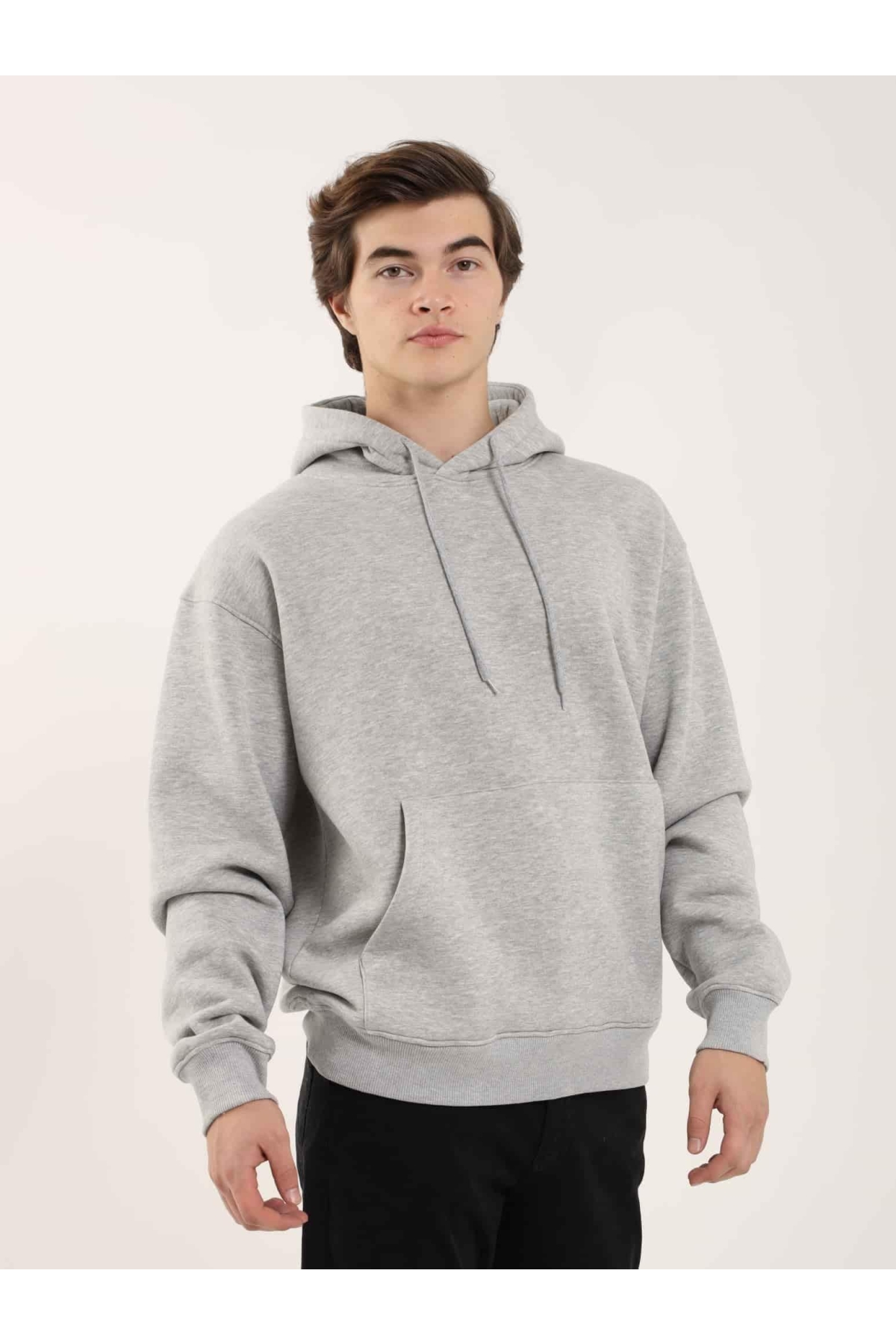 Gri Melanj Erkek Oversize Düz Pamuklu Kapüşonlu Sweatshirt - 103742