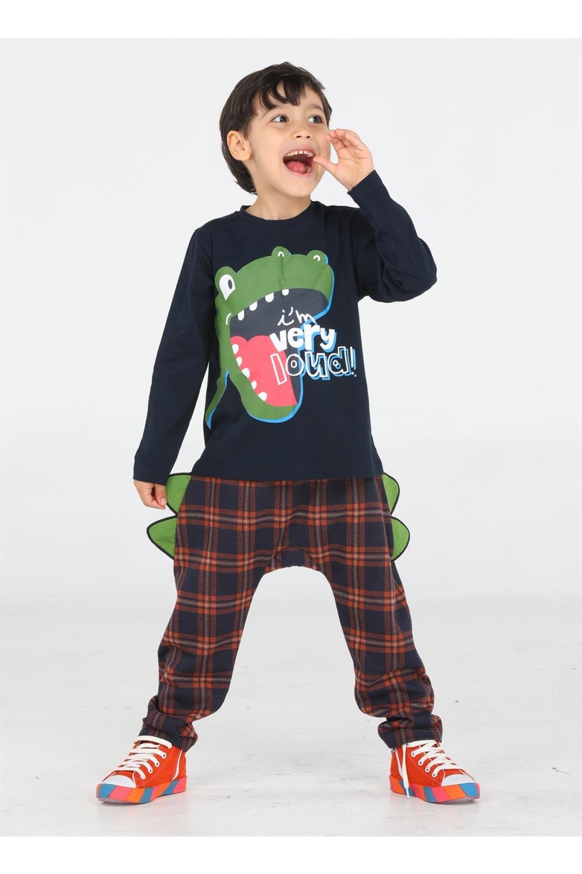 Ekose Muzip Dino Pantolon + T-shirt Takım