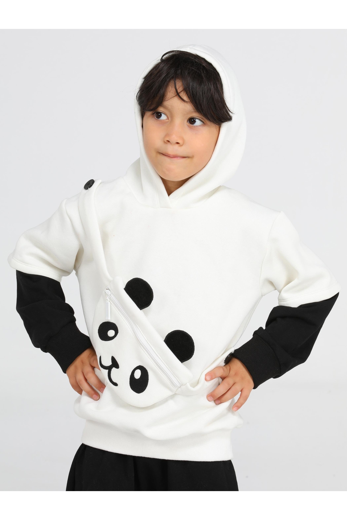 Panda Unisex Mobil Çantalı Krem Sweatshirt