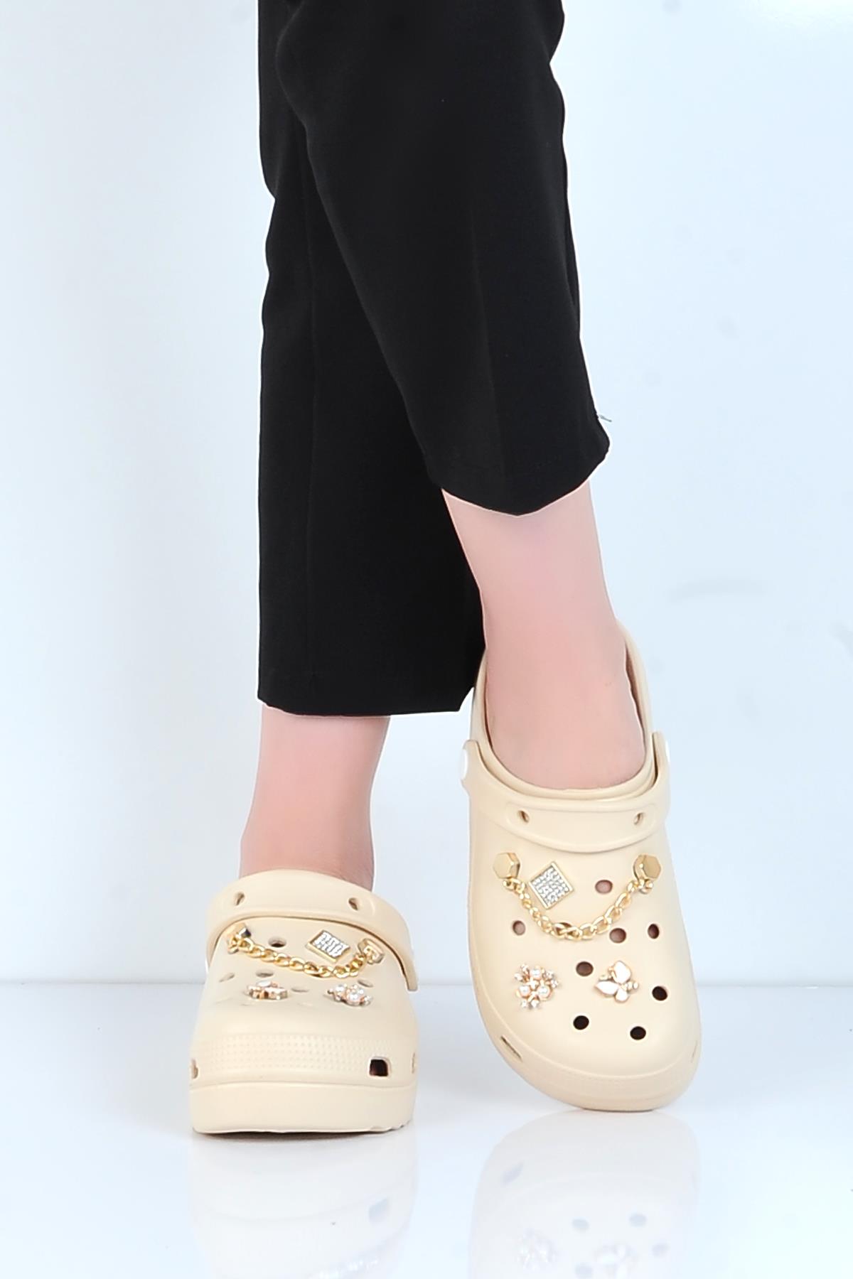 E800-6 Fiesta Bej Eva Kadın Taşlı Günlük Terlik - Görsel 3