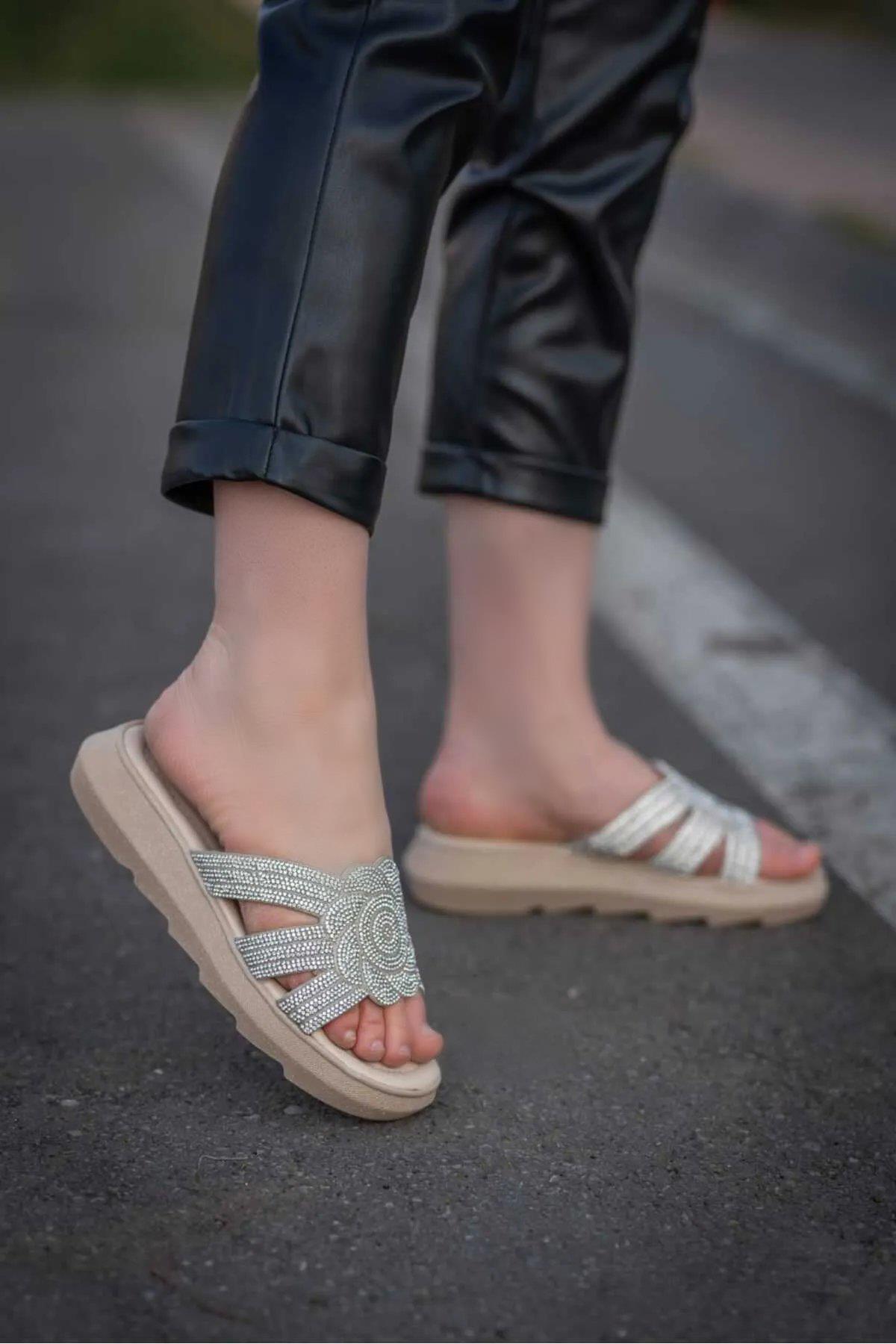 3066-5 Ayışığı Taşlı Kadın Günlük Düz Terlik - Görsel 3