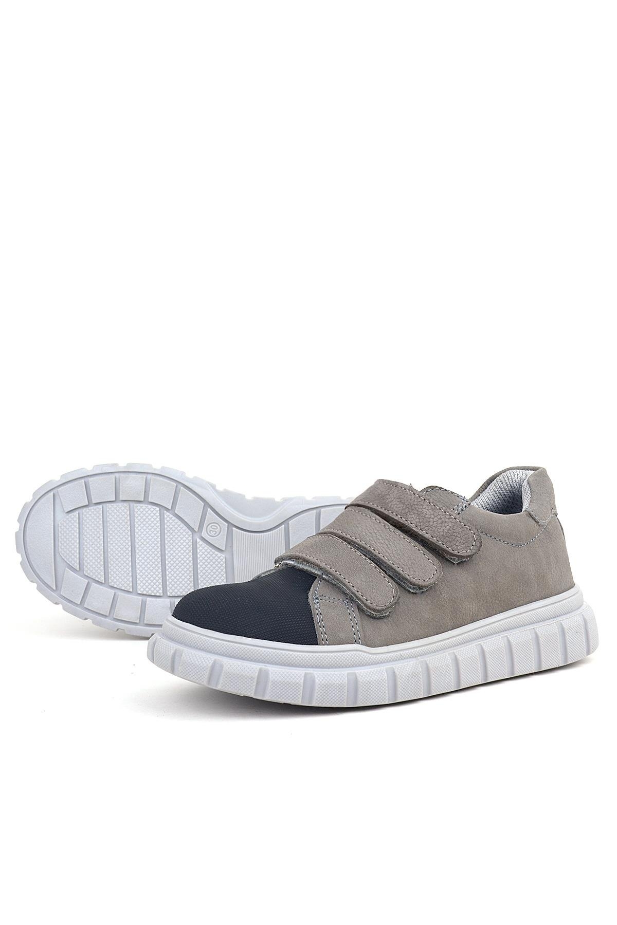 Hakiki Deri Siyah Gri Cırtlı Çocuk Günlük Spor Okul Ayakkabı - Görsel 7