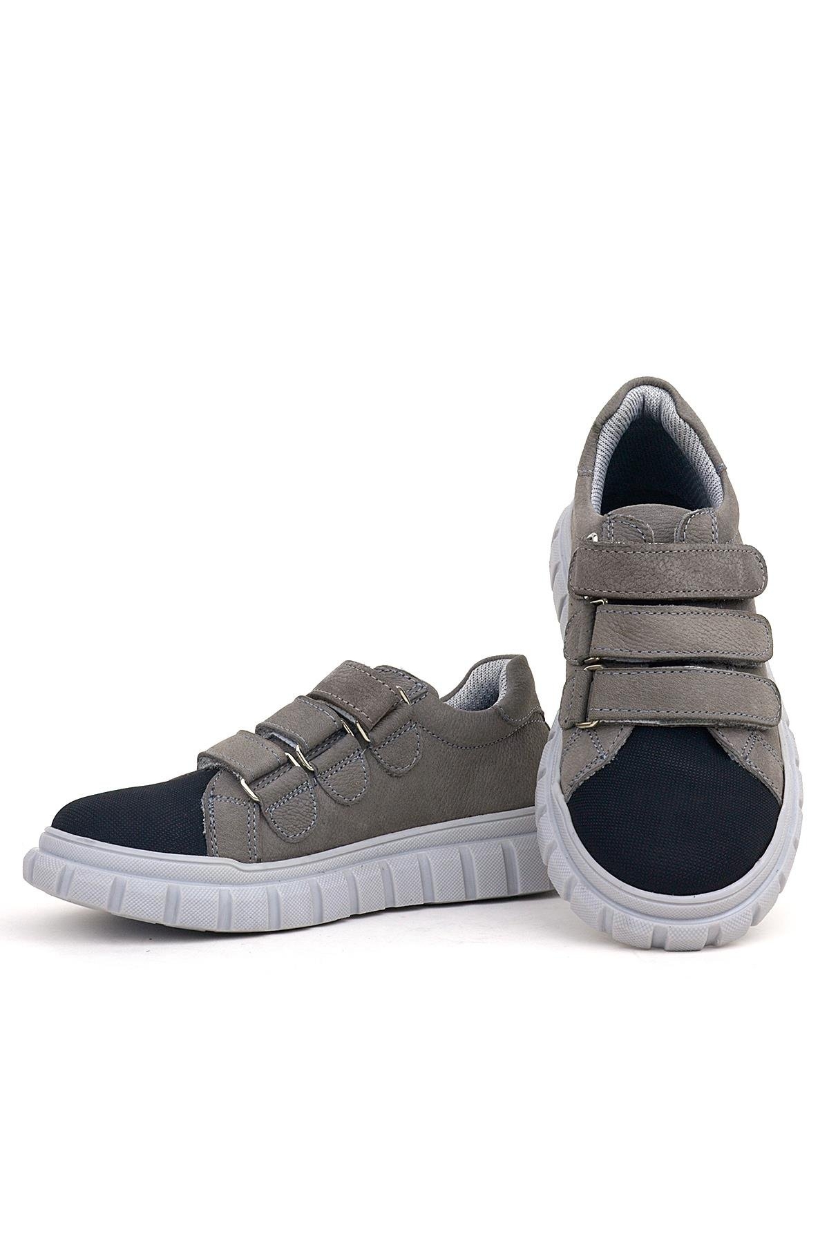 Hakiki Deri Siyah Gri Cırtlı Çocuk Günlük Spor Okul Ayakkabı - Görsel 8