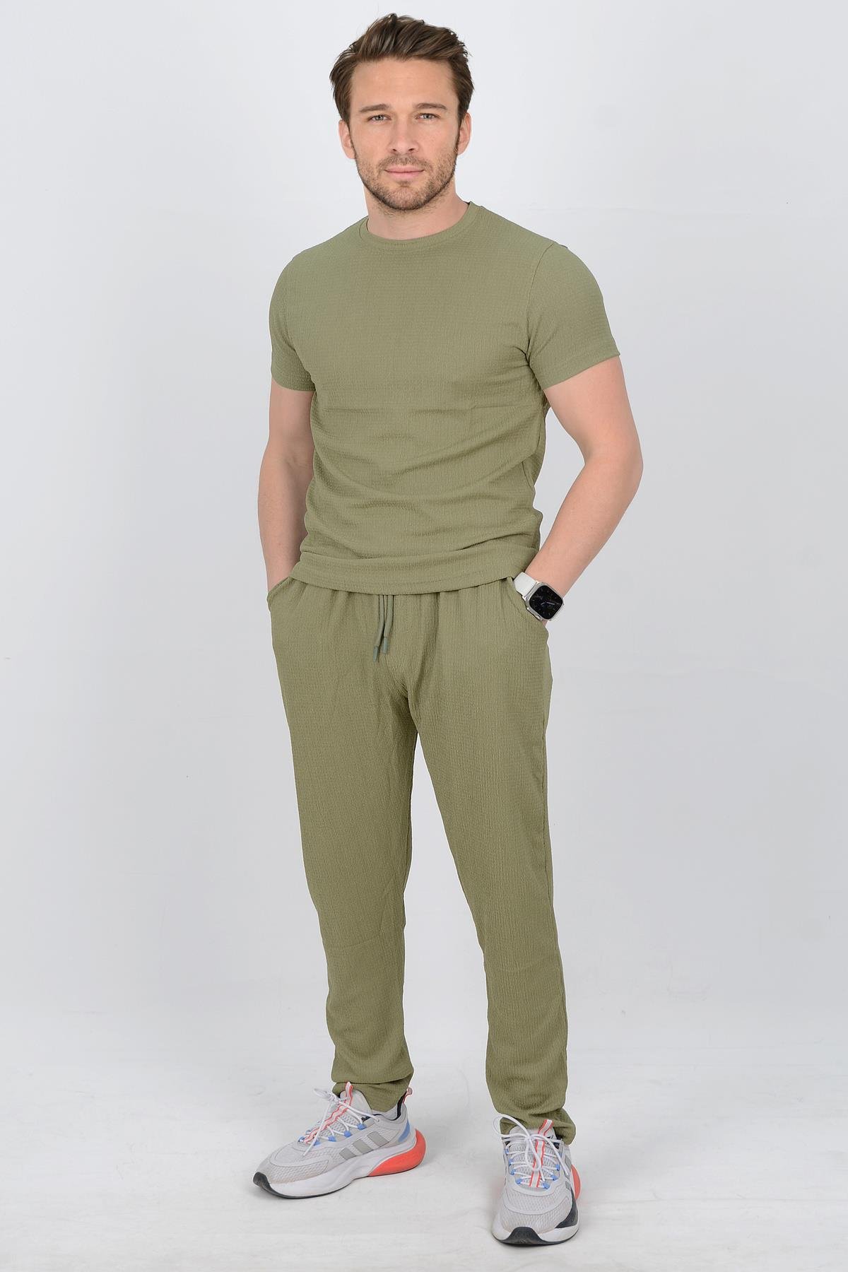 Erkek Slim Fit Tişört Pantolon Takım Yeşil Edw079