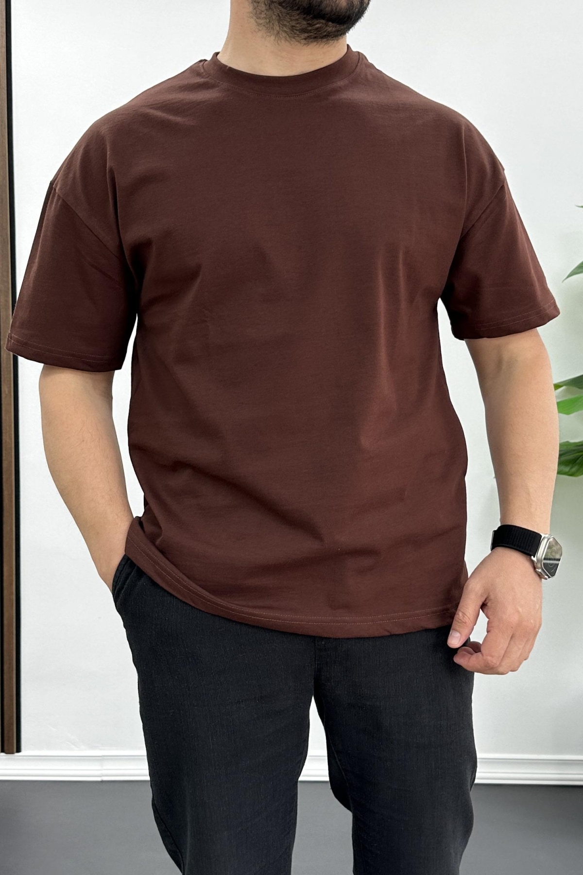 Erkek Oversize %100 Pamuk Nefes Alan Basic T-shirt Kahverengi Edw038