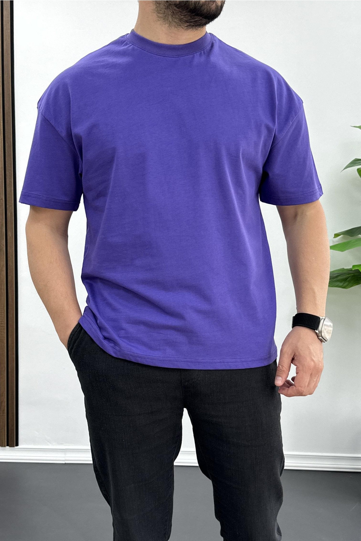 Erkek Oversize %100 Pamuk Nefes Alan Basic T-shirt Mor Edw038