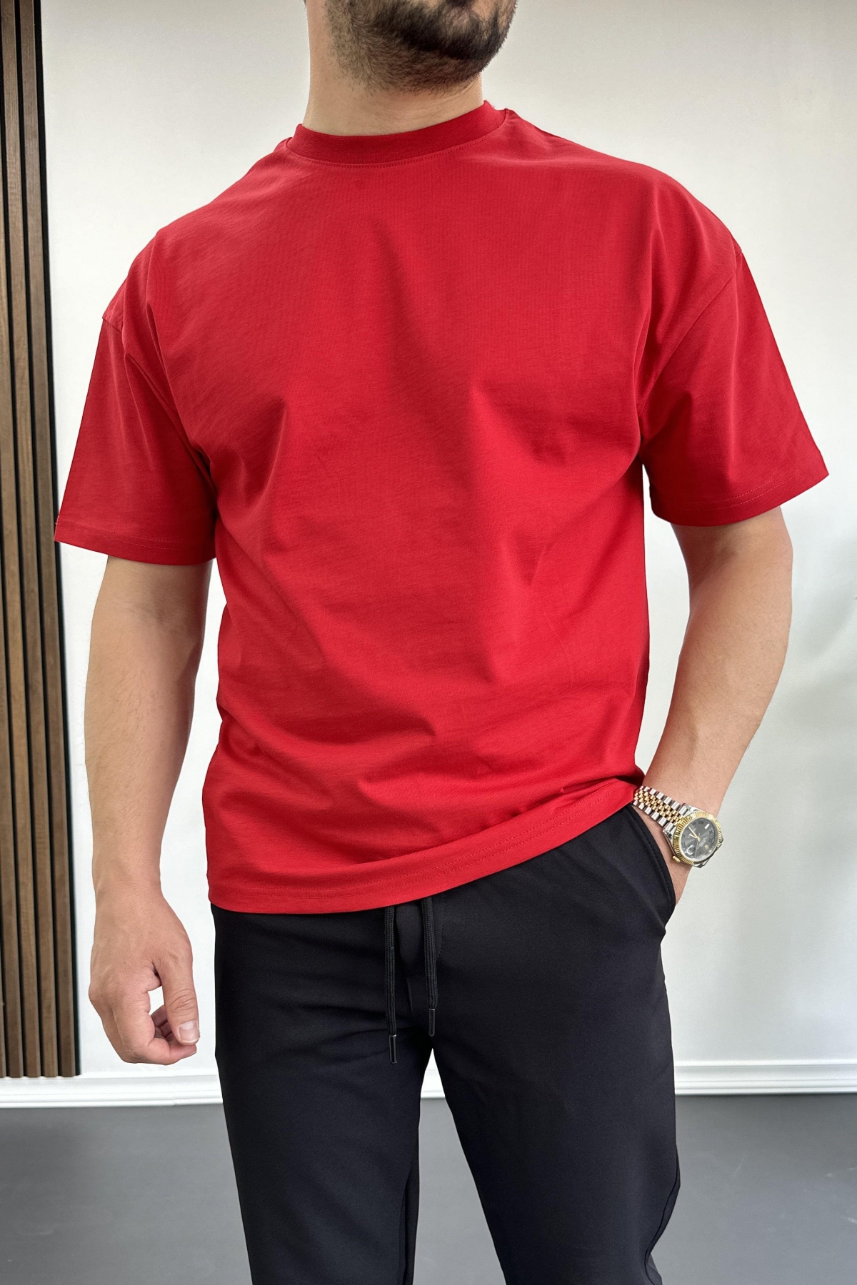 Erkek Oversize %100 Pamuk Nefes Alan Basic T-shirt Kırmızı Edw038