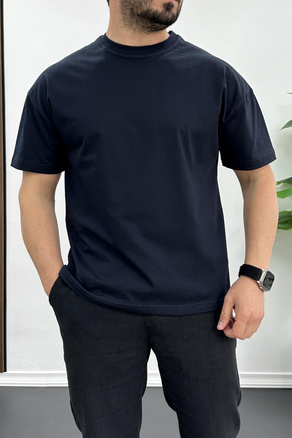 Erkek Oversize %100 Pamuk Nefes Alan Basic T-shirt Lacivert Edw038