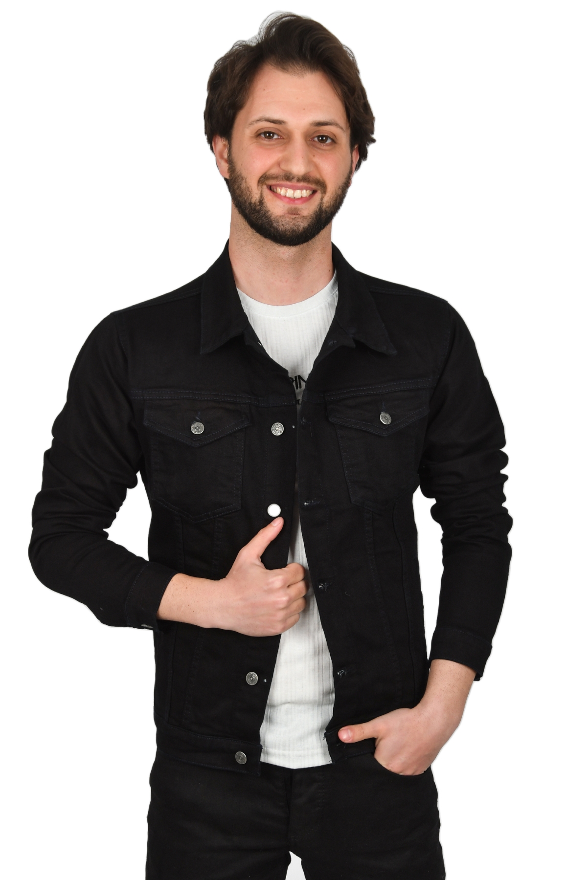 DeepSEA Erkek Siyah Dar Kesim Likralı Metal Düğmeli Jean Kot Mont