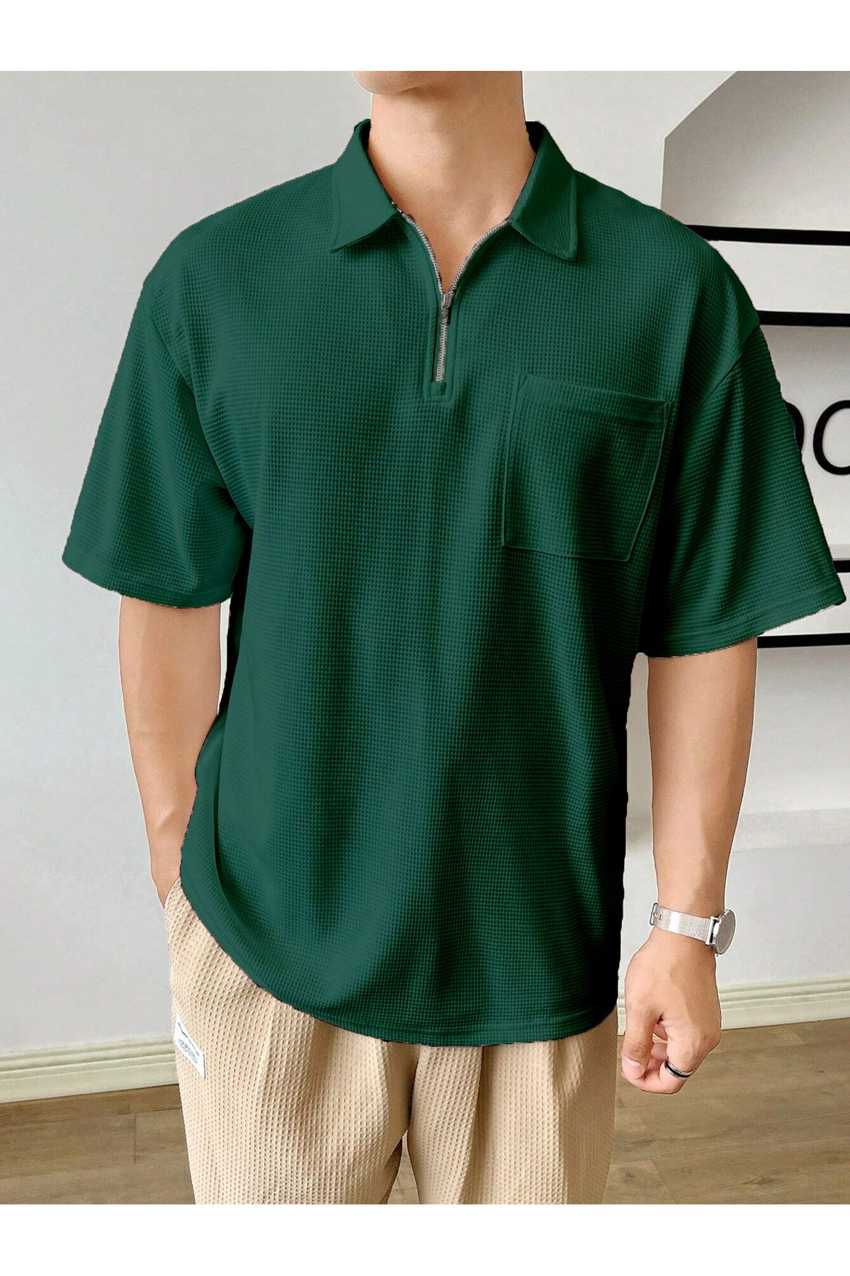 Erkek Oversize Polo Yaka Waffle T-Shirt POLOYAKA-FERMUARLI