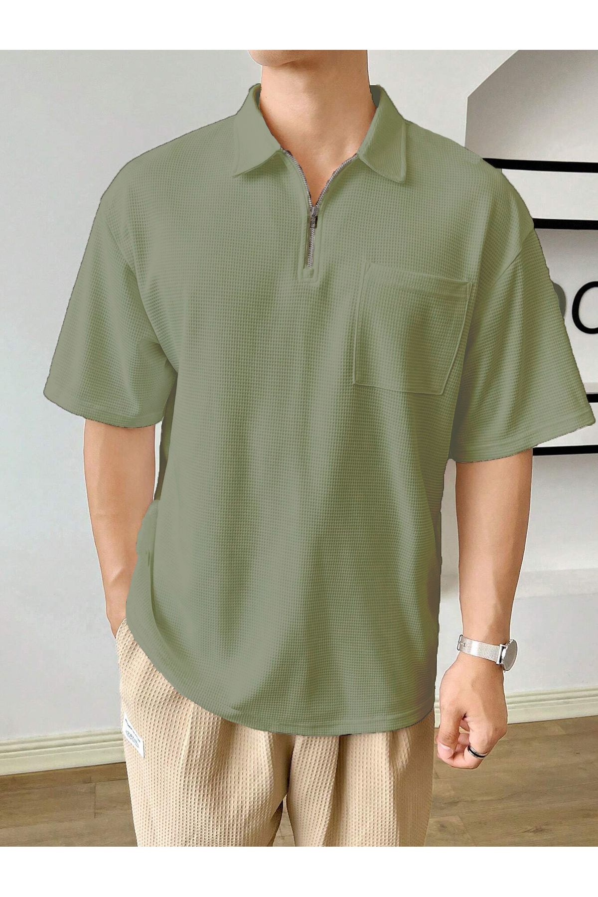 Erkek Oversize Polo Yaka Waffle T-Shirt POLOYAKA-FERMUARLI