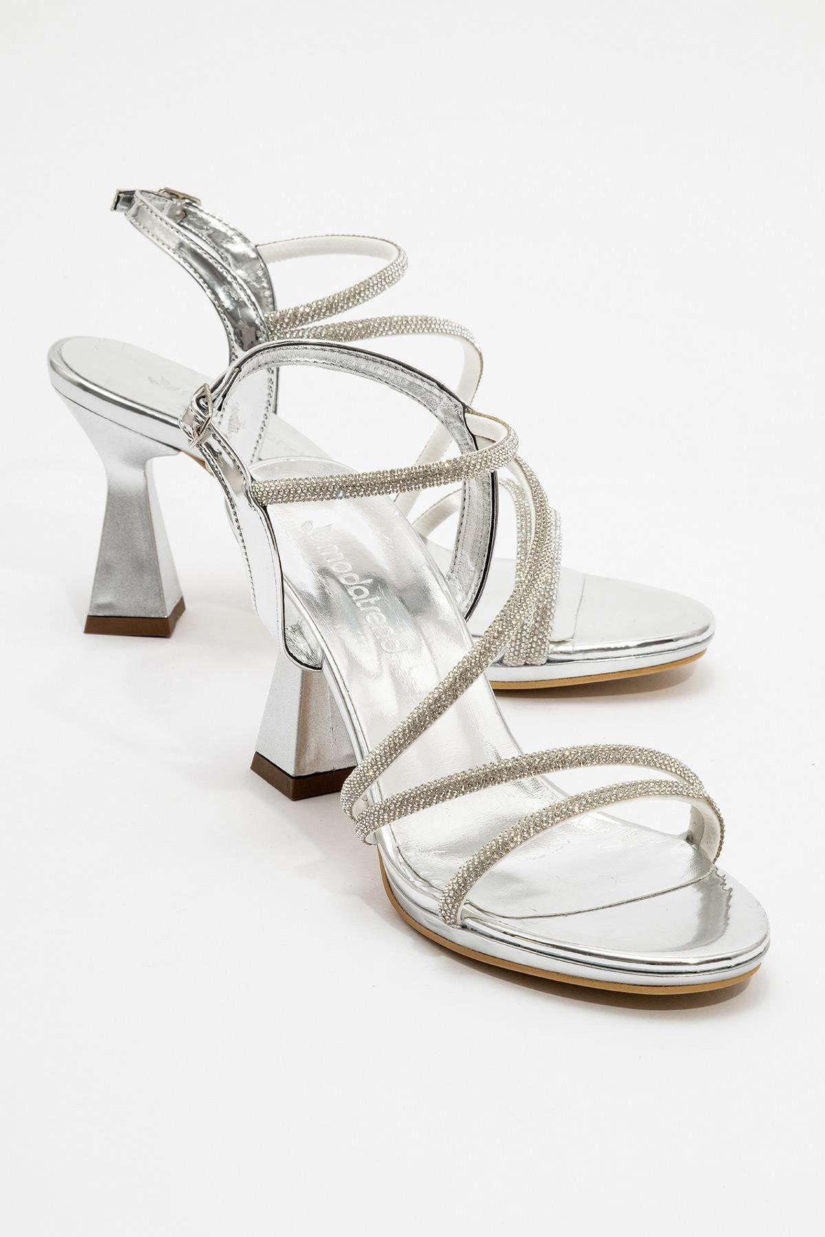 Çapraz Taşlı Kadın Topuklu Sandalet GÜMÜŞ AYNA - Görsel 3