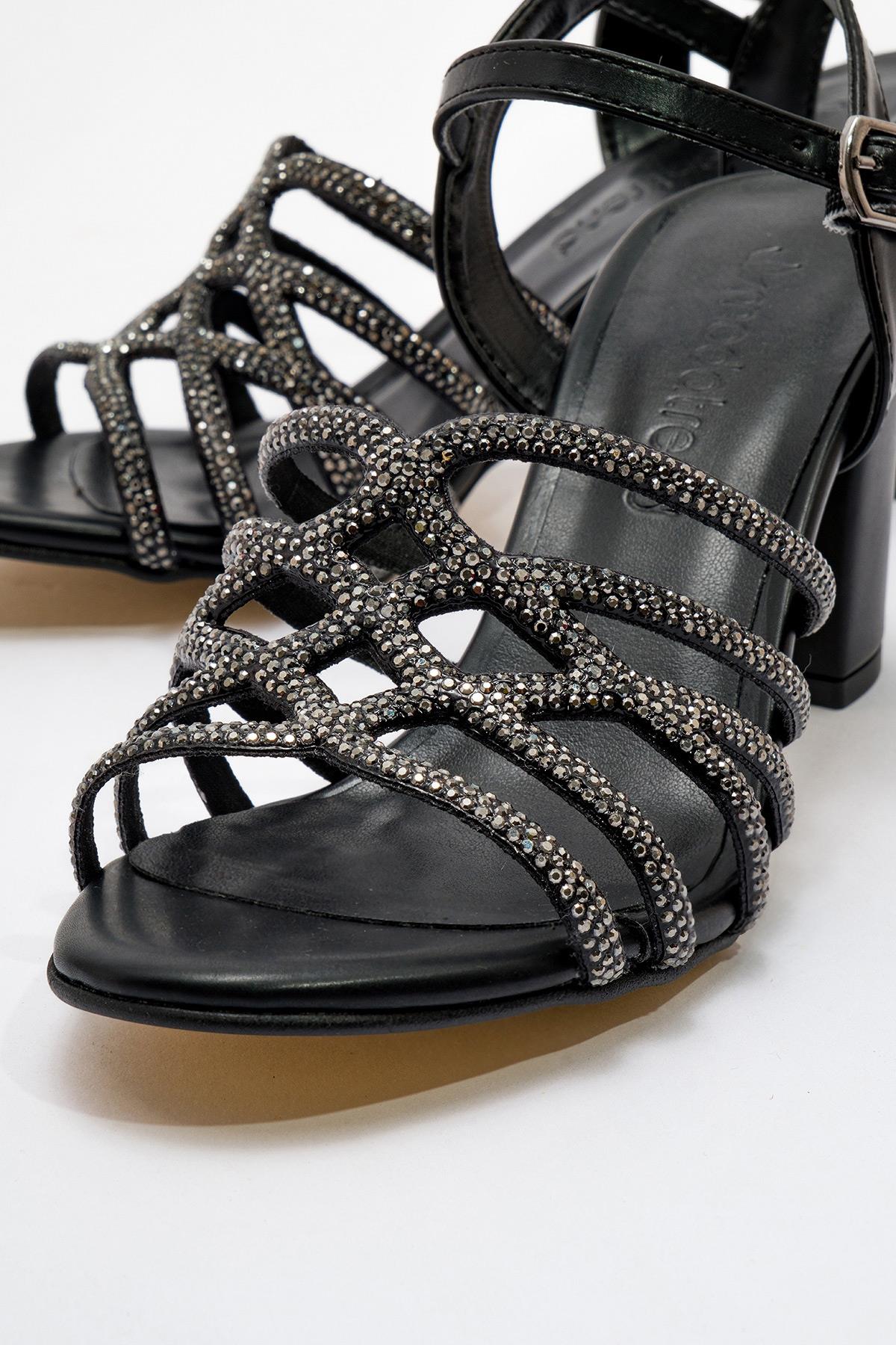 Kadın Taşlı Topuklu Sandalet SİYAH CİLT - Görsel 4