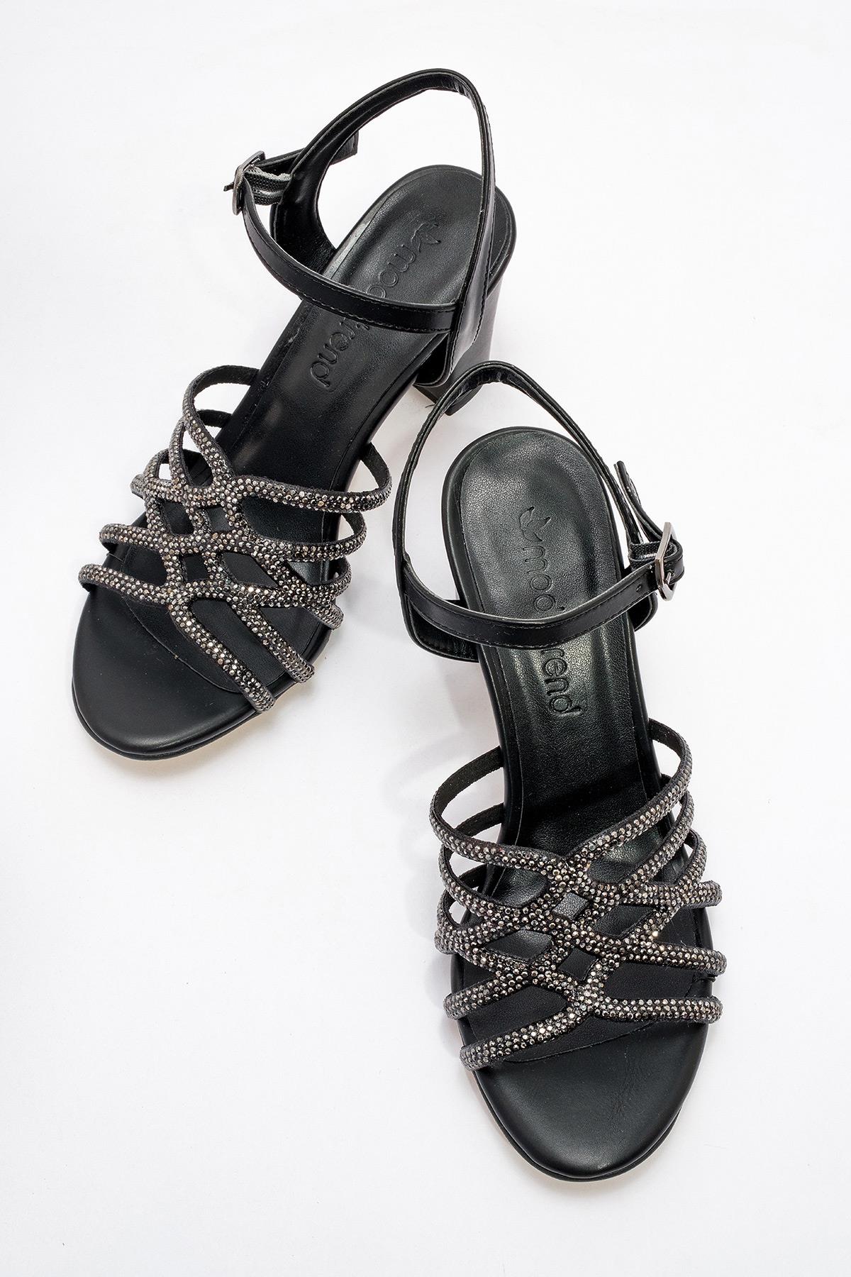 Kadın Taşlı Topuklu Sandalet SİYAH CİLT - Görsel 6