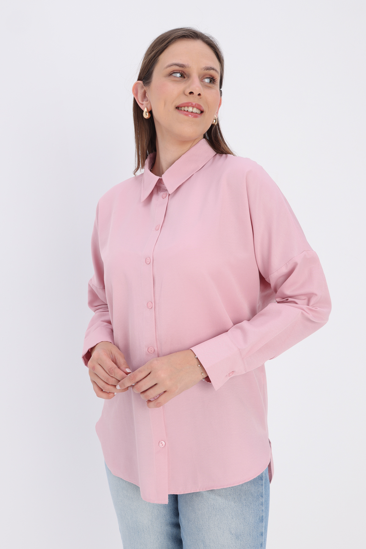 Pembe Oversize Basic Gömlek