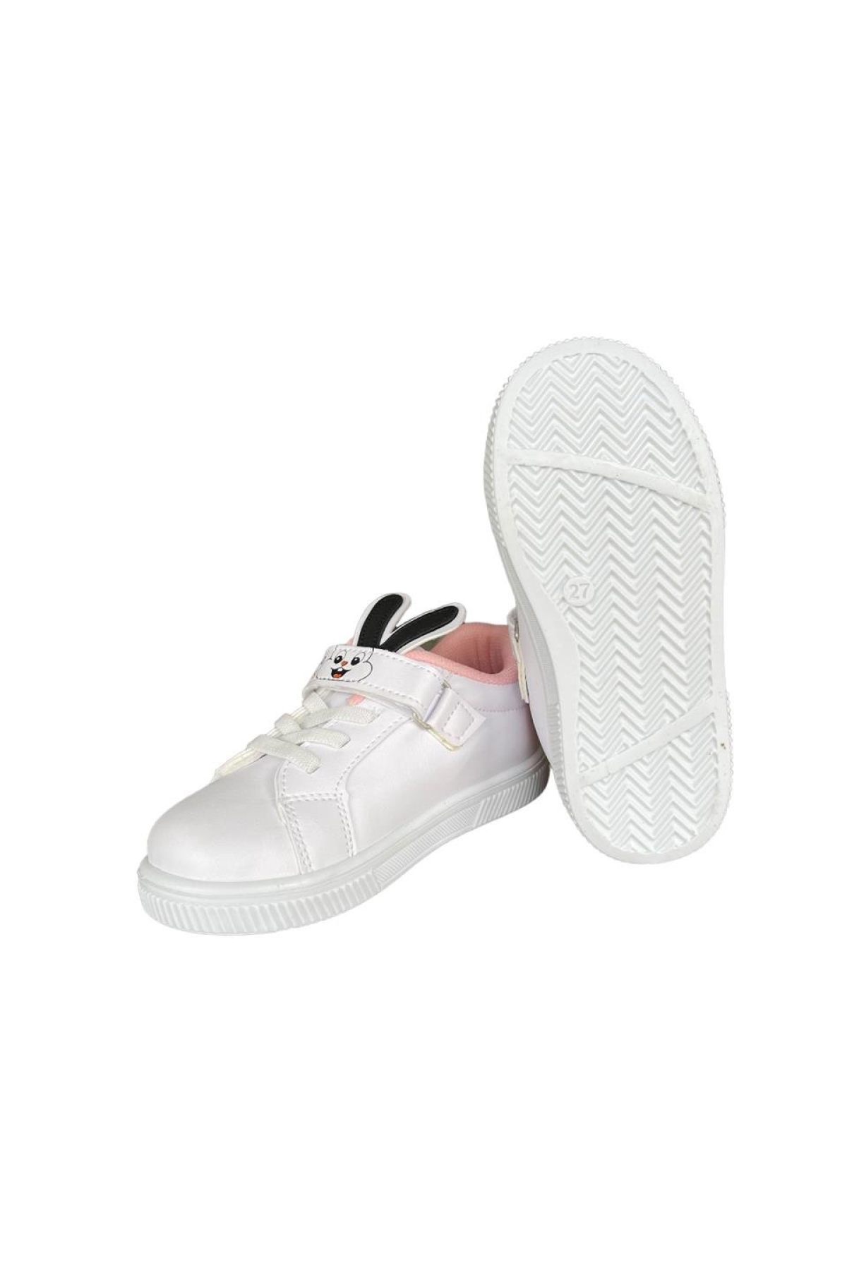 Tavşanlı Bağcıklı Cırtlı Çocuk Spor Ayakkabı BEYAZ - PUDRA - Görsel 4