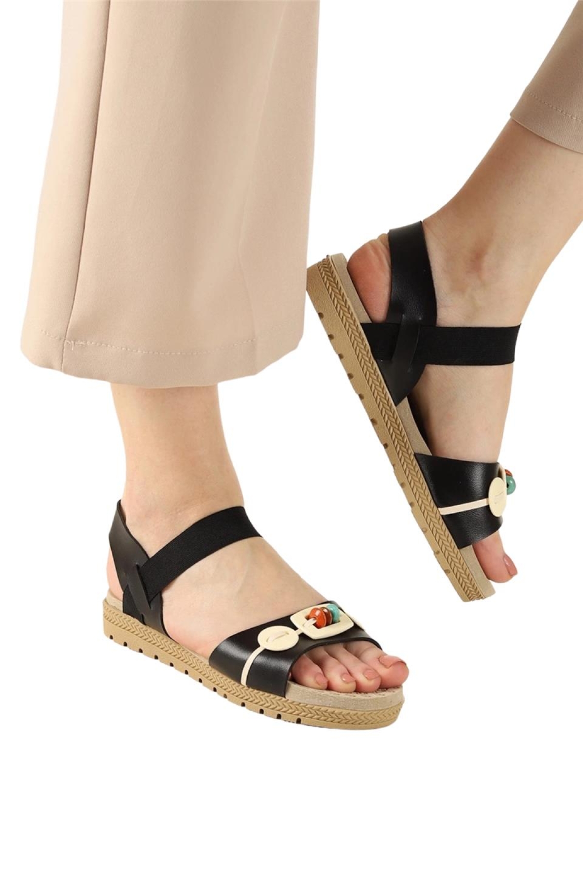 Lastikli Boncuk Detaylı Günlük Kadın Sandalet SİYAH - Görsel 3