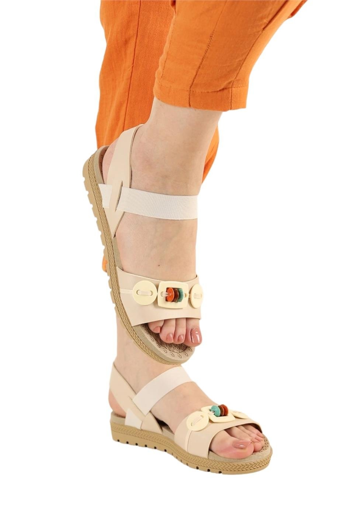 Lastikli Boncuk Detaylı Günlük Kadın Sandalet BEJ - Görsel 4