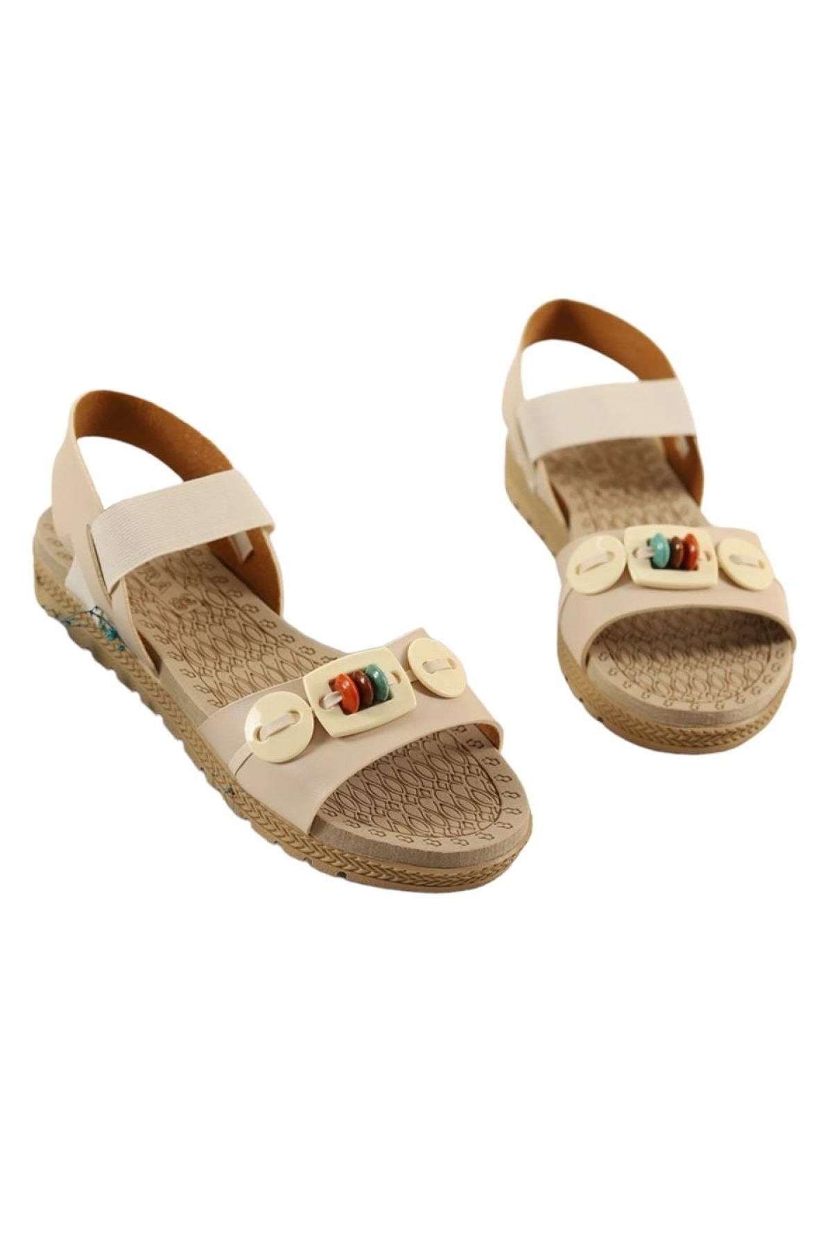 Lastikli Boncuk Detaylı Günlük Kadın Sandalet BEJ - Görsel 5
