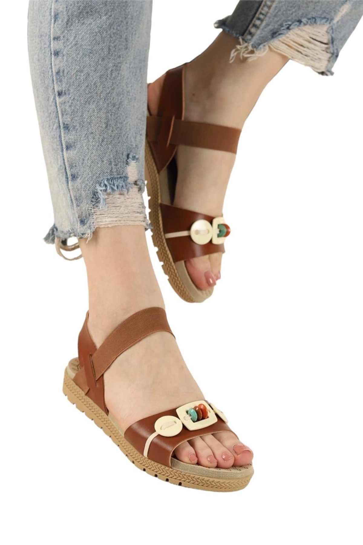 Lastikli Boncuk Detaylı Günlük Kadın Sandalet TABA - Görsel 2