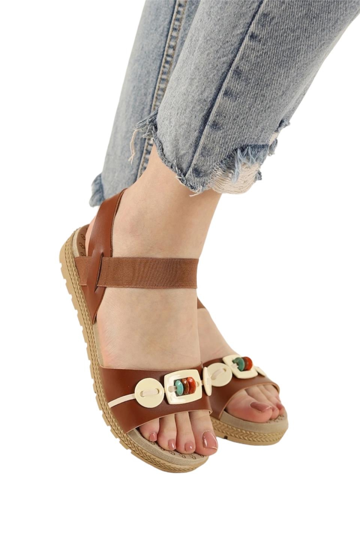 Lastikli Boncuk Detaylı Günlük Kadın Sandalet TABA - Görsel 3