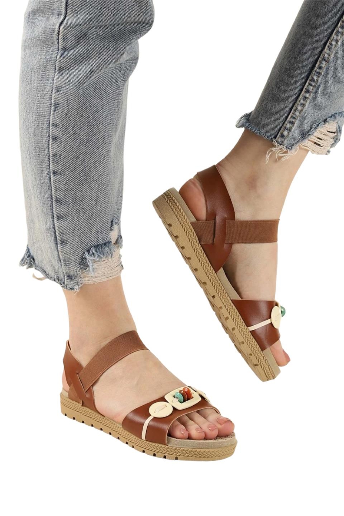 Lastikli Boncuk Detaylı Günlük Kadın Sandalet TABA - Görsel 4