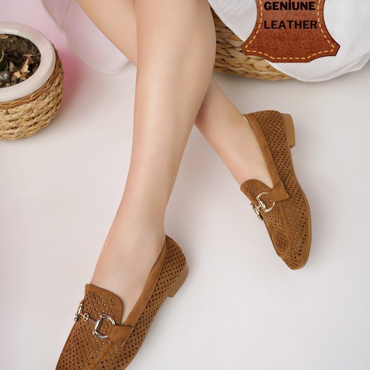 MuggoPHUKET Garantili Metal Tokalı Lazerli Nefes Alabilen Deri Kadın Loafer Günlük Ayakkabı