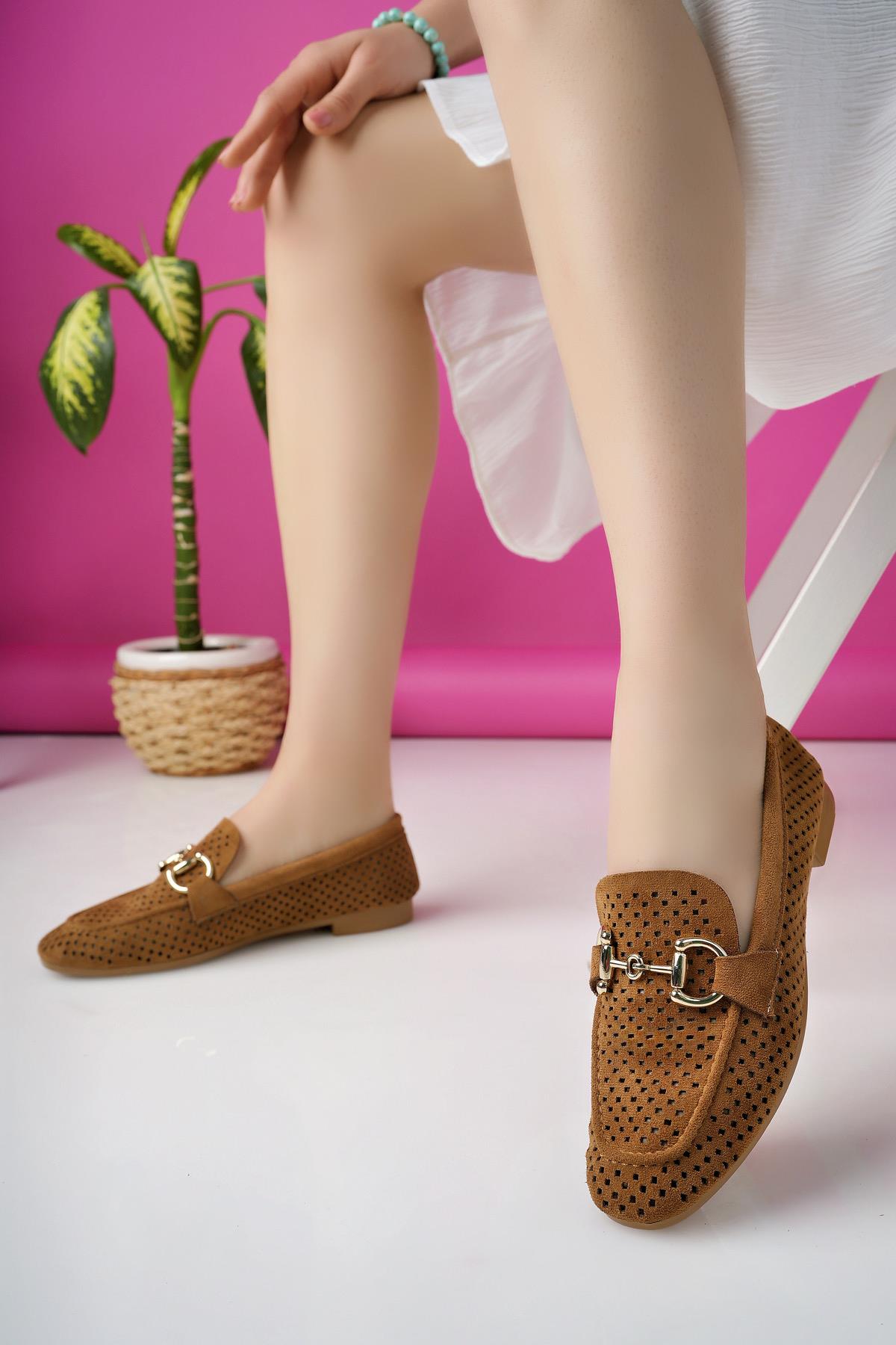 PHUKET Garantili Metal Tokalı Lazerli Nefes Alabilen Deri Kadın Loafer Günlük Ayakkabı - Görsel 3