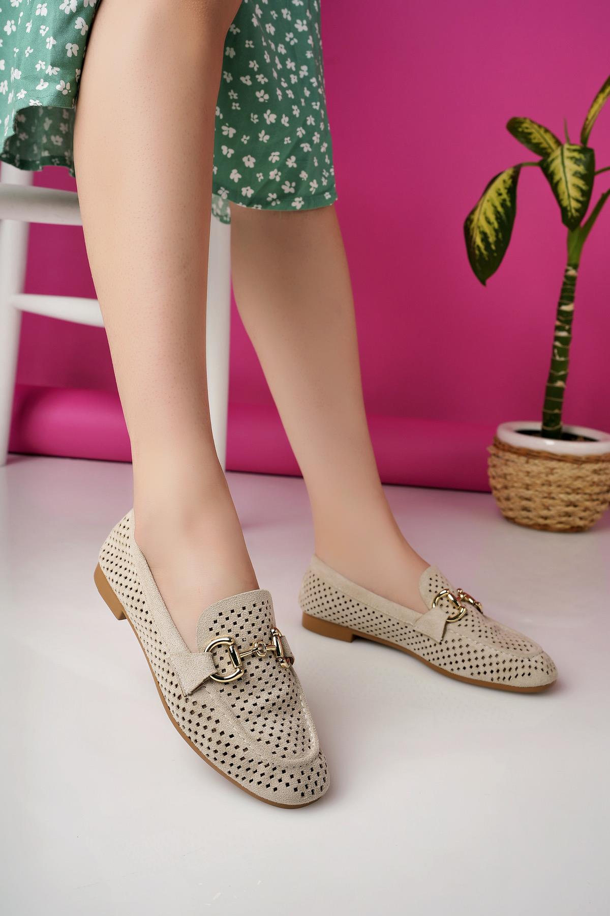 PHUKET Garantili Metal Tokalı Lazerli Nefes Alabilen Deri Kadın Loafer Günlük Ayakkabı - Görsel 3