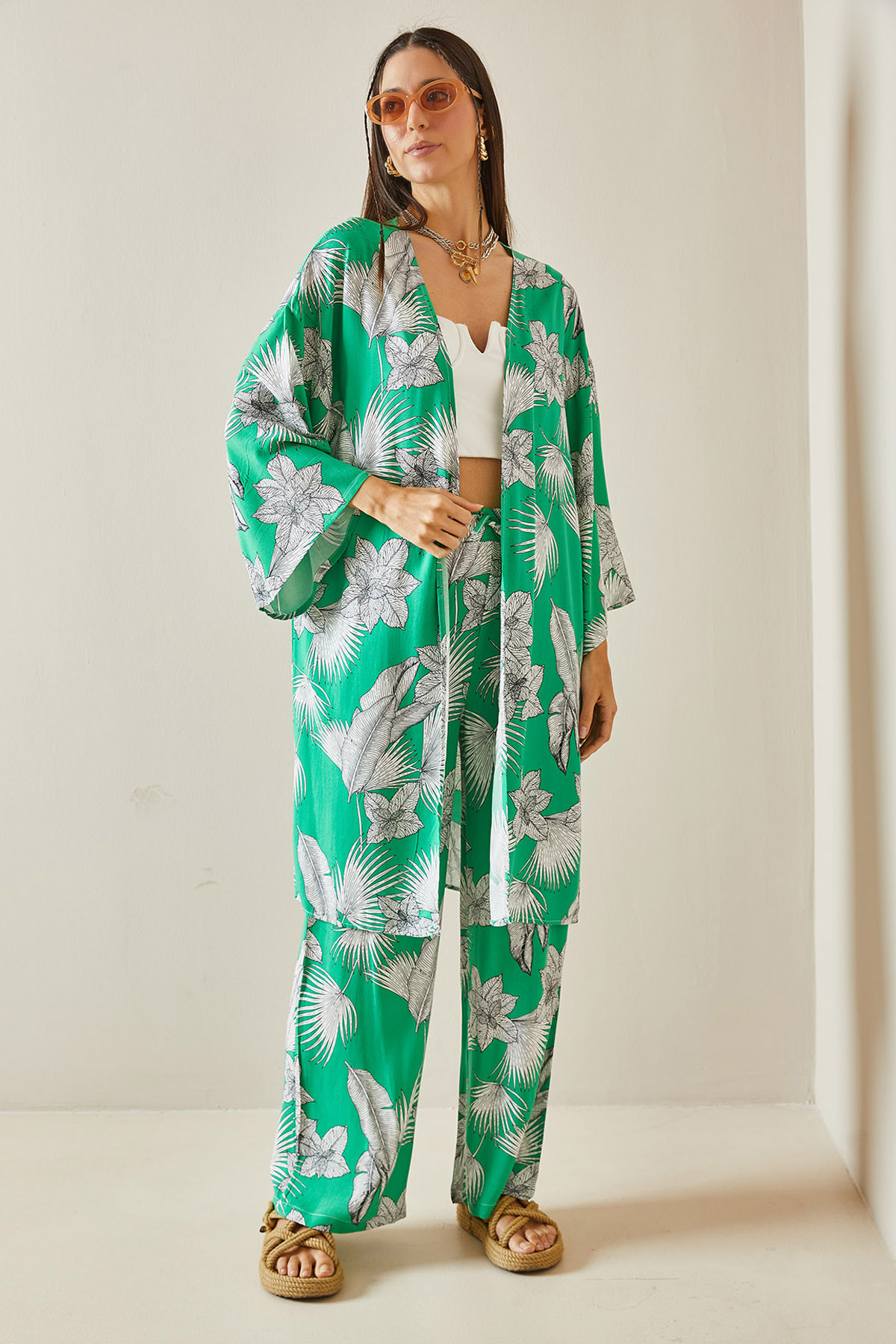 Yeşil Çiçek Desenli Kimono Takım 5YXK8-48600-08