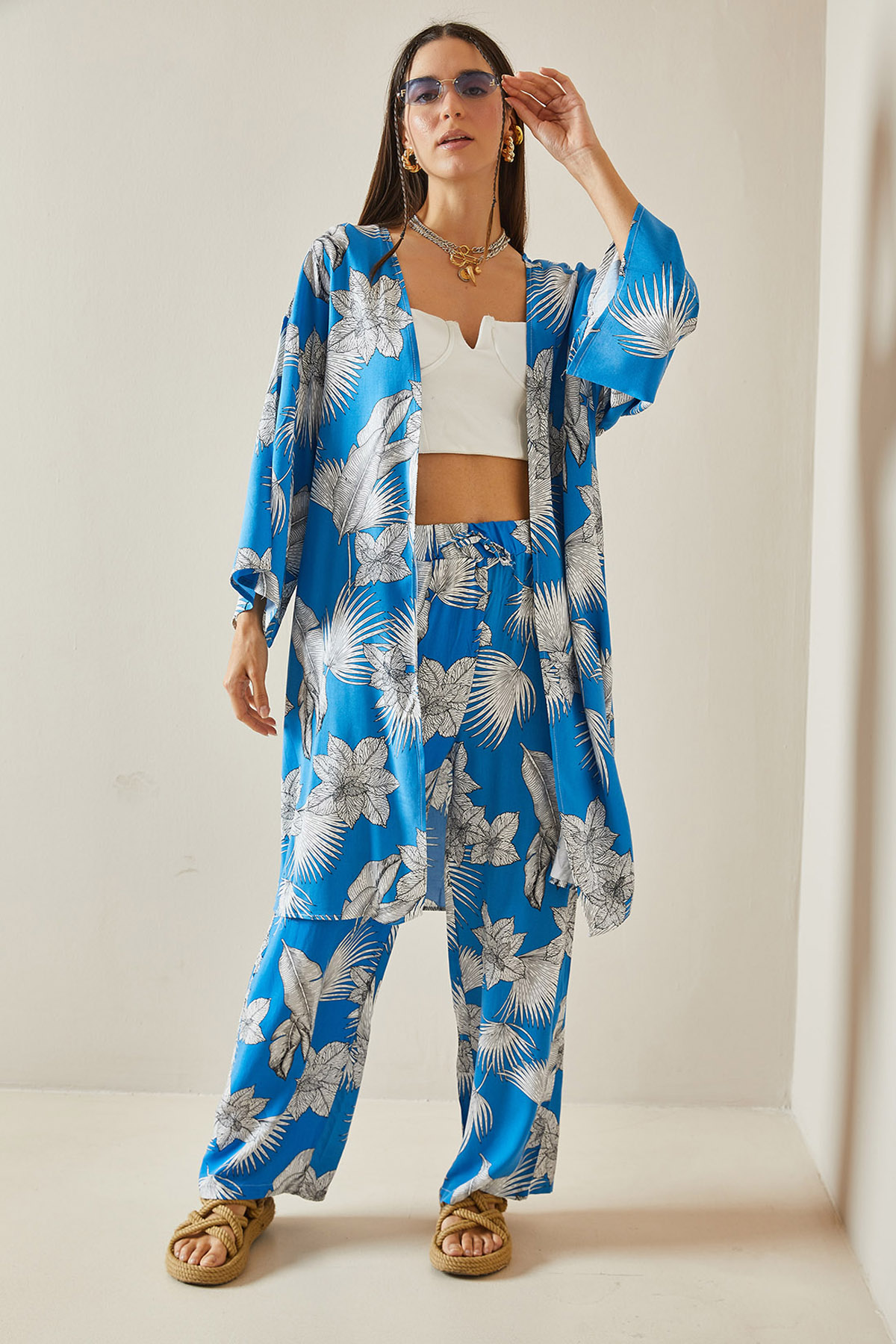 Mavi Çiçek Desenli Kimono Takım 5YXK8-48600-12