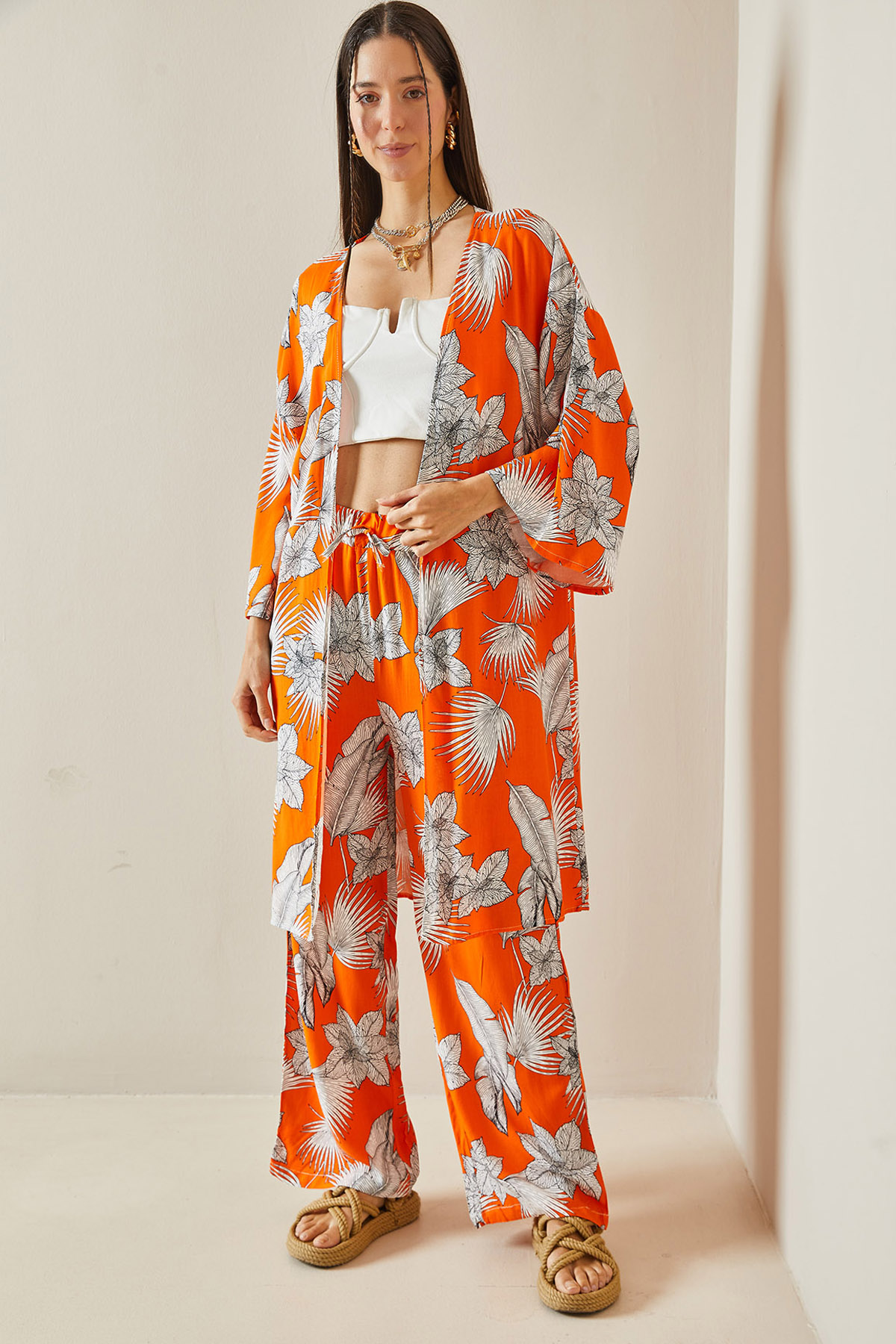 Turuncu Çiçek Desenli Kimono Takım 5YXK8-48600-11