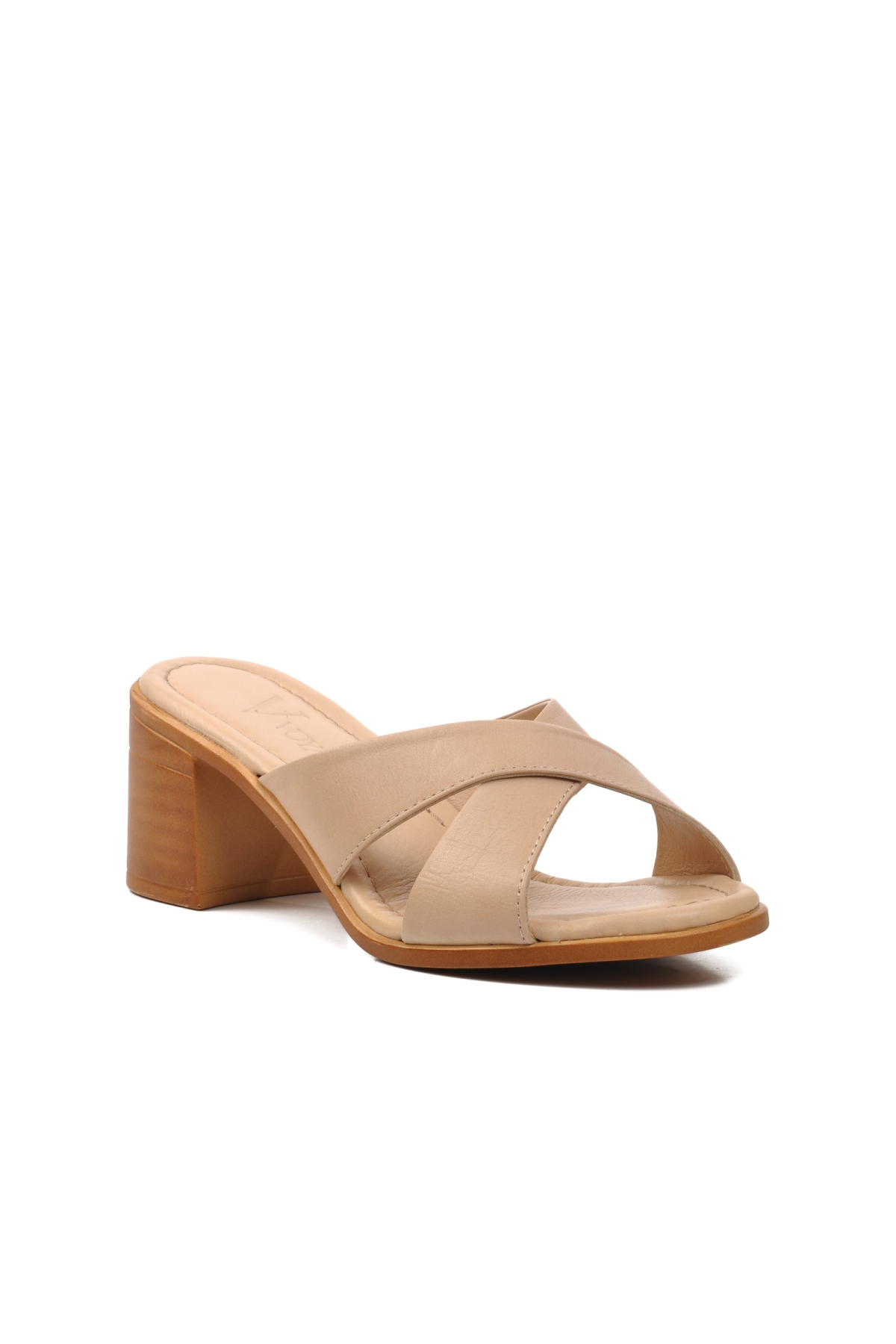 9749 Bej Hakiki Deri Kadın Topuklu Terlik - Görsel 4