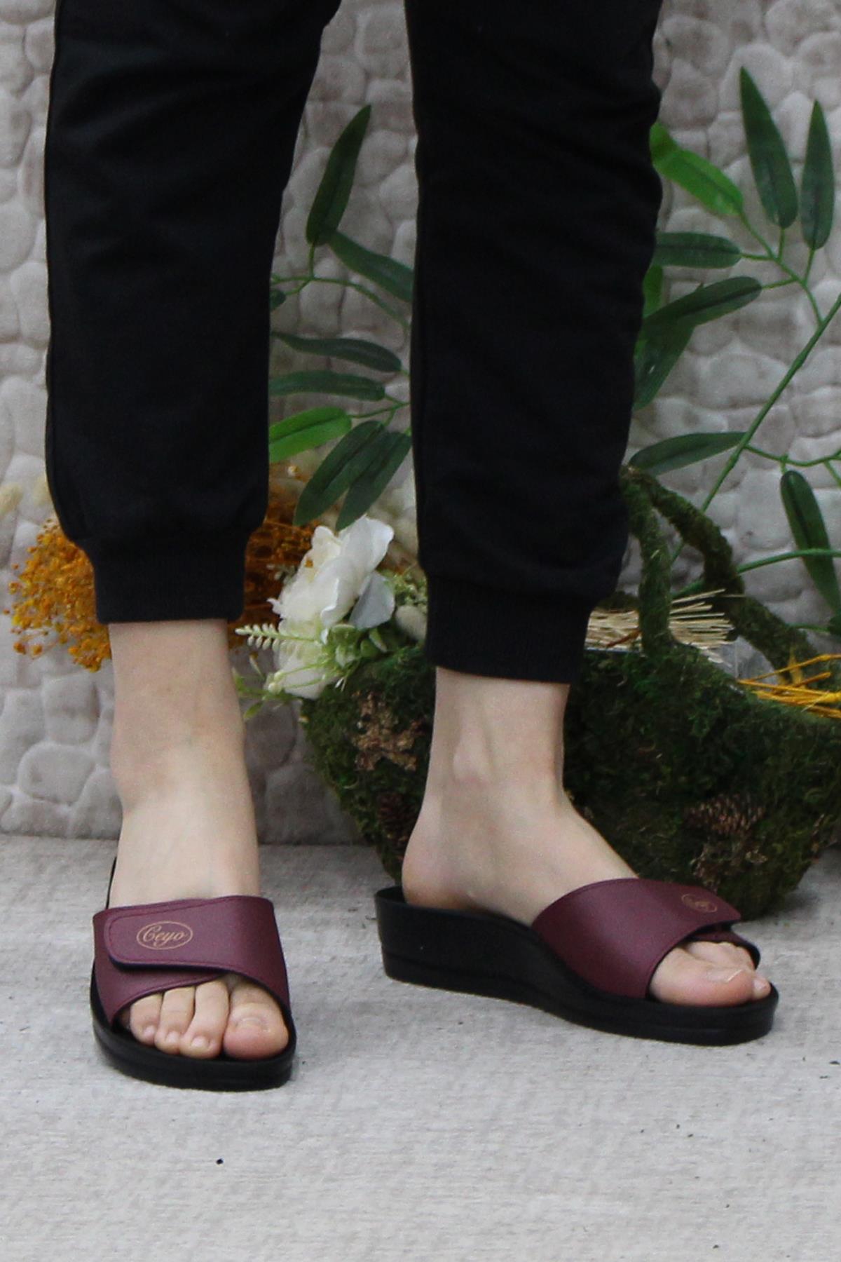 Minerva Cırtlı Bordo Rahat Ortapedik Kadın Terlik - Görsel 3